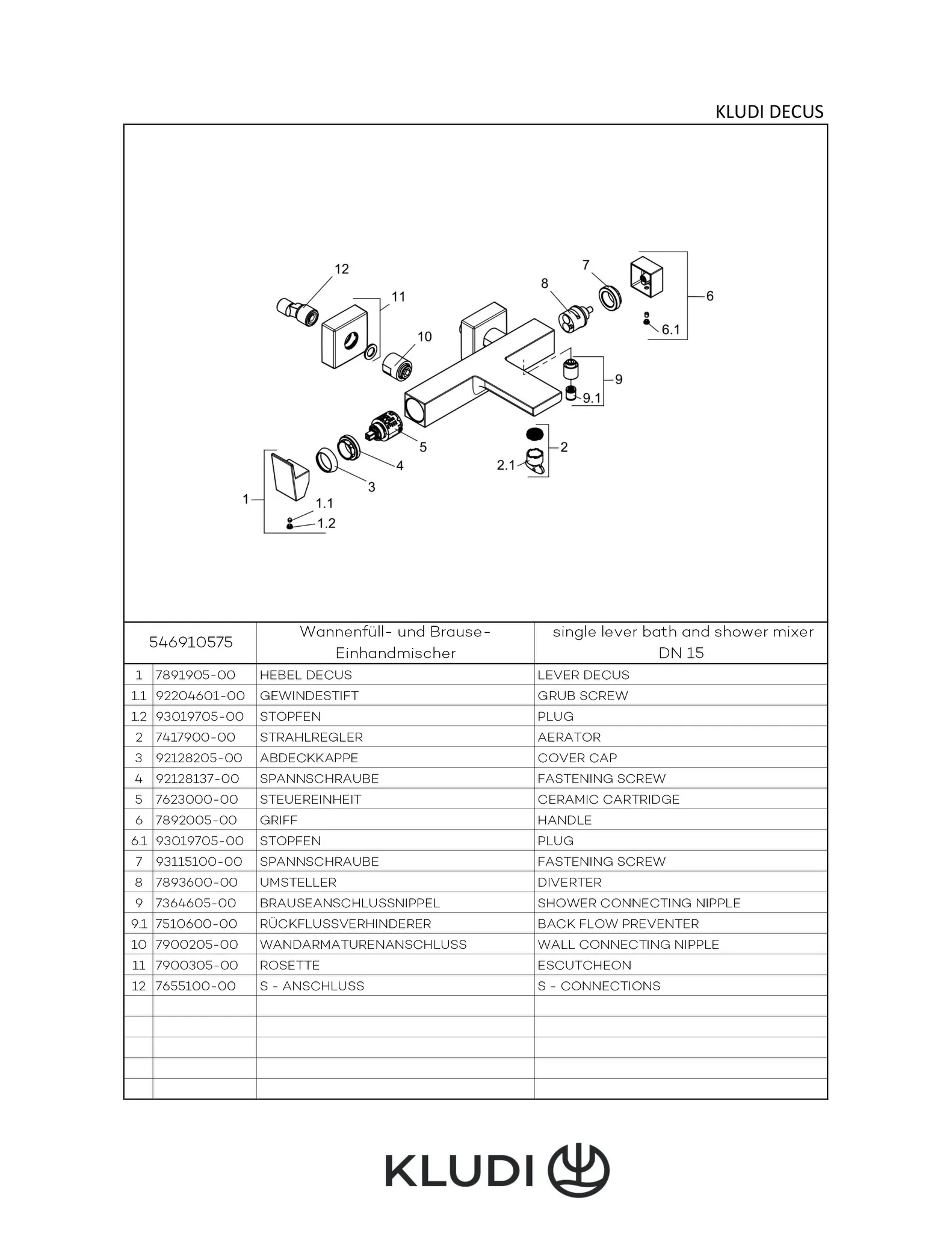 Kludi DECUS Wannenfüll-und Brause-Einhandmischer, DN 15, chrom Kludi DECUS Wannenfüll-und Brause-Einhandmischer, DN 15, chrom