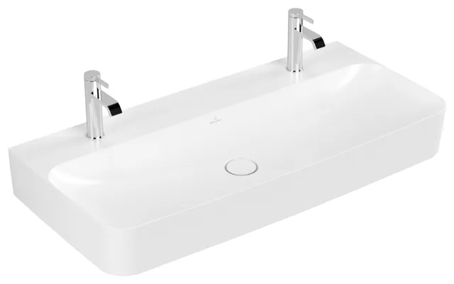 Villeroy & Boch Wandwaschtisch aus TitanCeram „Finion“ 1000 × 470 × 165 mm, Hahnlochposition links und rechts, mit Hahnlochbohrung in Stone White, mit CeramicPlus Villeroy & Boch Wandwaschtisch aus TitanCeram „Finion“ 1000 × 470 × 165 mm, Hahnlochposition links und rechts, mit Hahnlochbohrung in Stone White, mit CeramicPlus