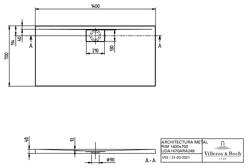 Villeroy & Boch rechteck Duschwanne „Architectura MetalRim“ 140 × 70 cm mit Antirutsch (VILBOgrip), in Weiß Alpin