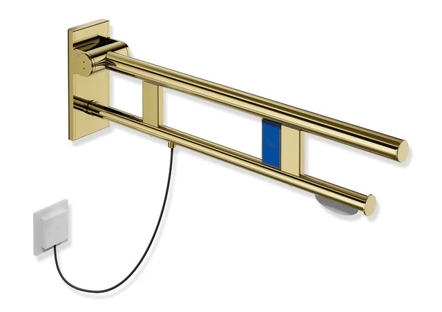 HEWI Stützklappgriff Duo, System 900, Edelstahl PVD gold glänzend, Ausladung 700 mm, mit WC-Papierhalter und Spülauslösung links