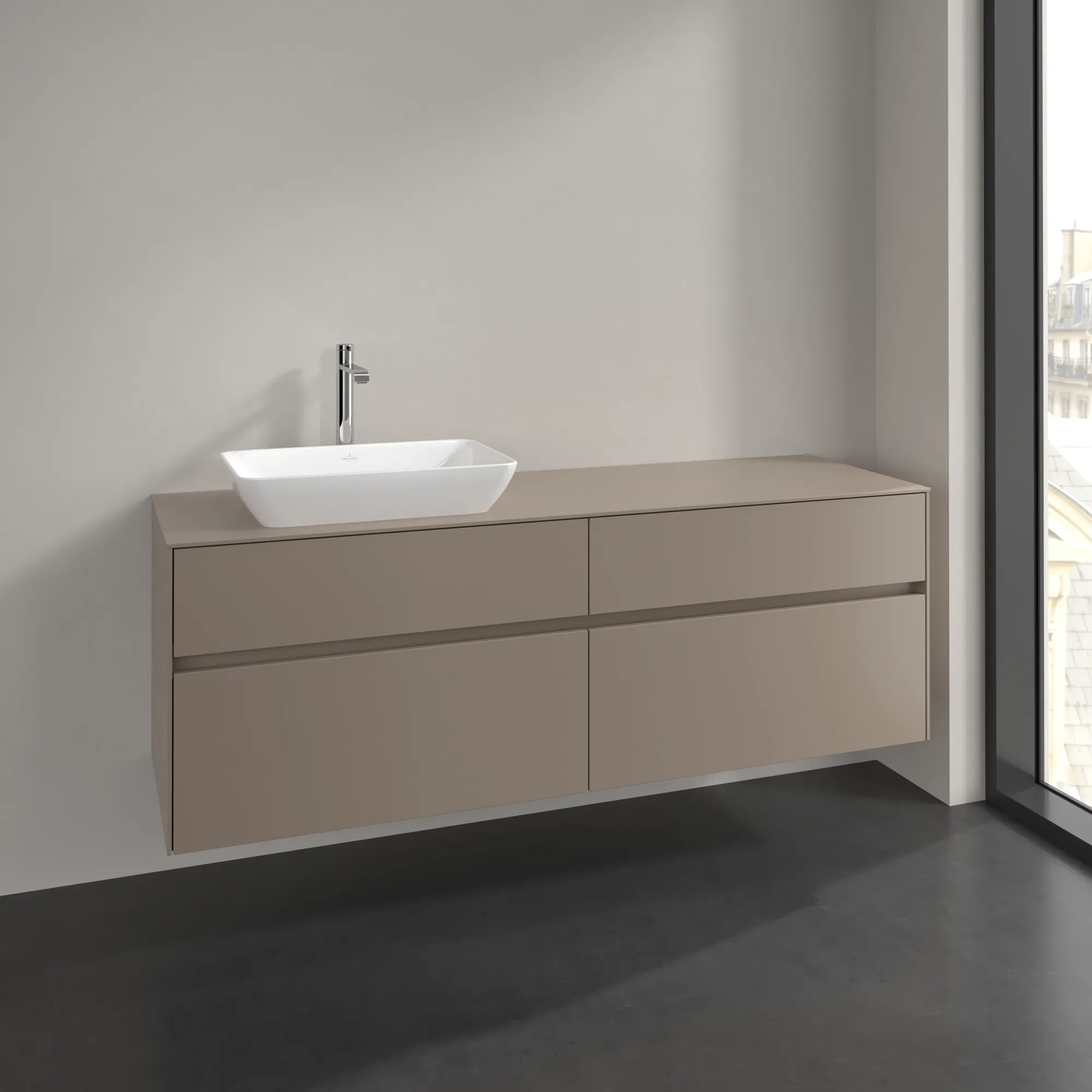 Villeroy & Boch Waschtischunterschrank „Collaro“ 1600 × 548 × 500 mm Taupe, ohne Beleuchtung, für Becken links
