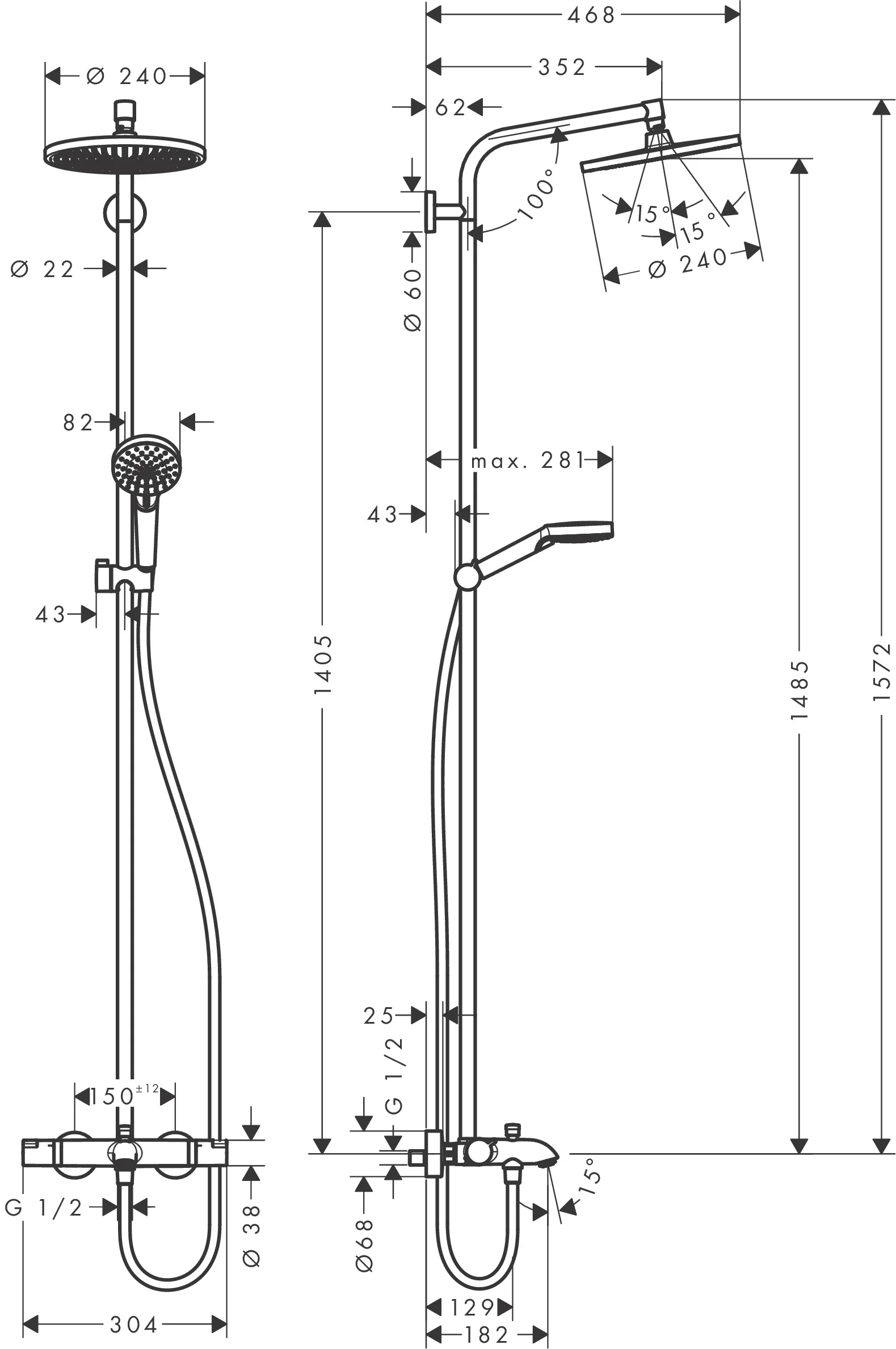 Hansgrohe Crometta S Showerpipe 240 mit Thermostat - Chrom, 350 mm Brausearmlänge, Aufputzinstallation Hansgrohe Crometta S Showerpipe 240 mit Thermostat - Chrom, 350 mm Brausearmlänge, Aufputzinstallation
