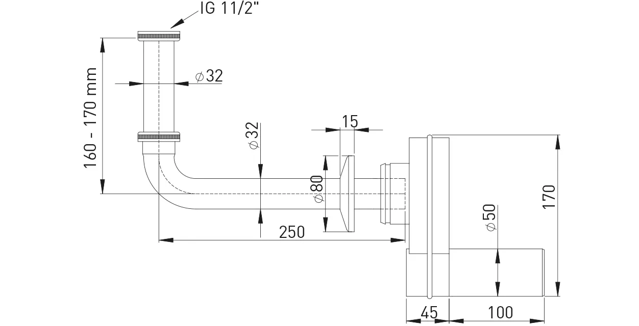 Wandeinbaugeruchverschluss KS 32 mm Abgang waagerecht 50 mm mit Rosette