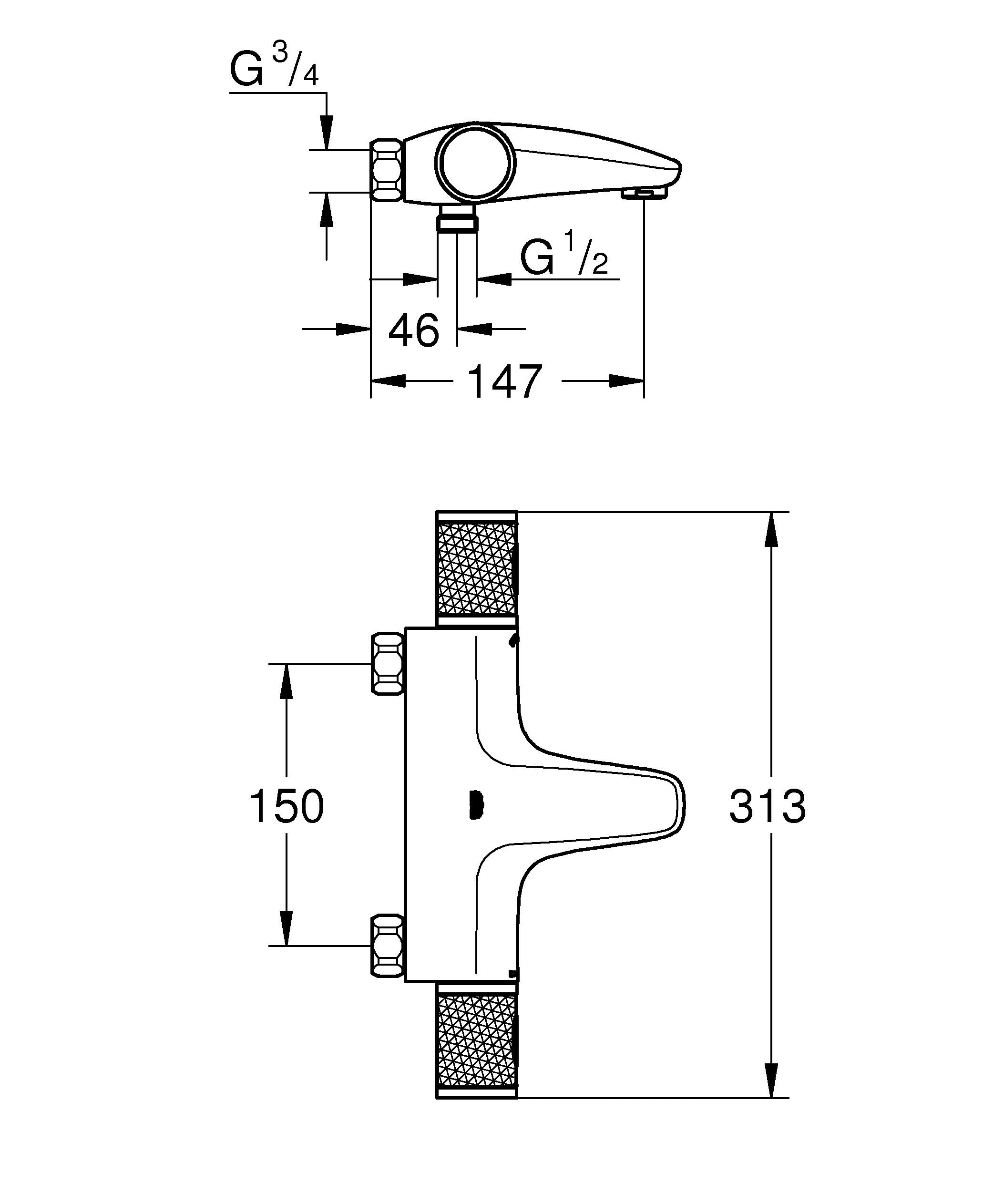 Thermostat-Wannenbatterie Grohtherm 1000 Performance 34831, Wandmontage, ohne Anschlüsse, eigensicher, Professional Edition, chrom