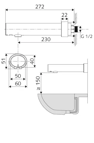 Aufputz-Waschtisch-Armatur MODUS E, HD-K - Hochdruck Kaltwasser / vorgemischtes Wasser, Infrarot-Sensor-Wandauslauf-Armatur, Vorabsperrung, Batteriefach, G 1/2 AG, Ausladung bis Mitte Strahlregler: 230 mm, chrom