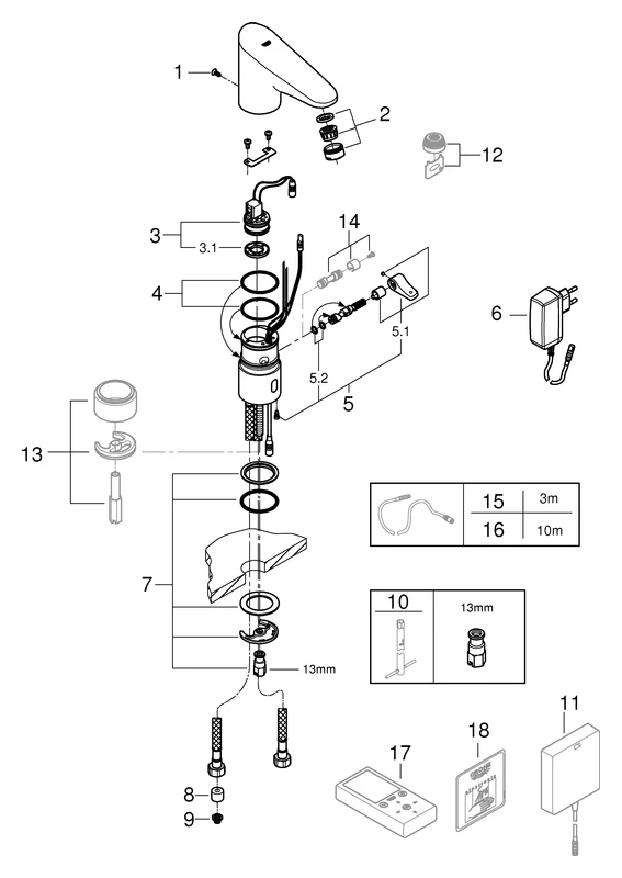 Infrarot-Elektronik für Waschtisch Europlus E 36015_1, mit Mischung, mit Steckertrafo 100-230 V AC, 50-60 Hz, 6 V DC, chrom