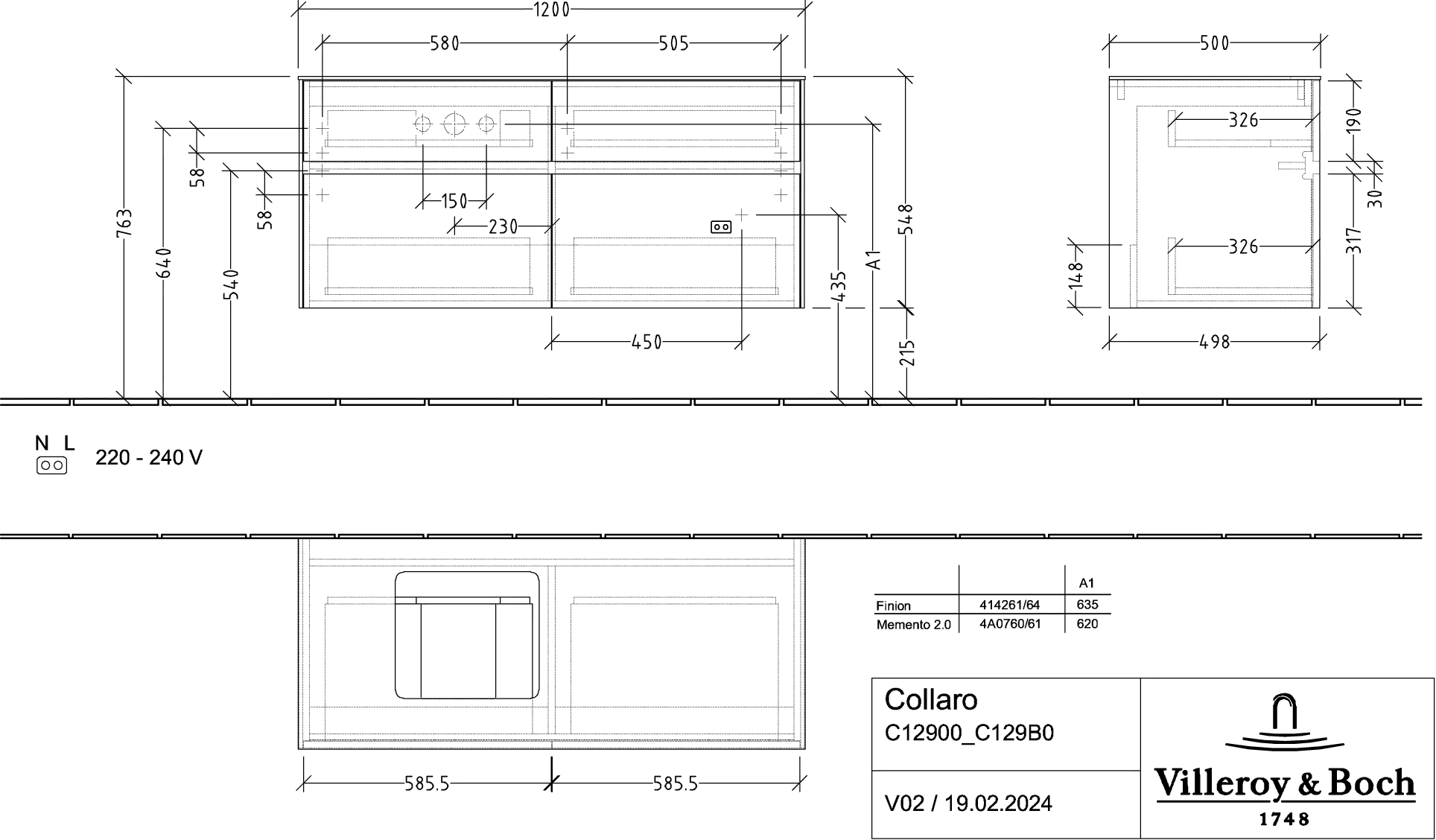 Villeroy & Boch Collaro Waschbeckenunterschrank C129B0, 1200x548x500mm, links, Cashmere Grey