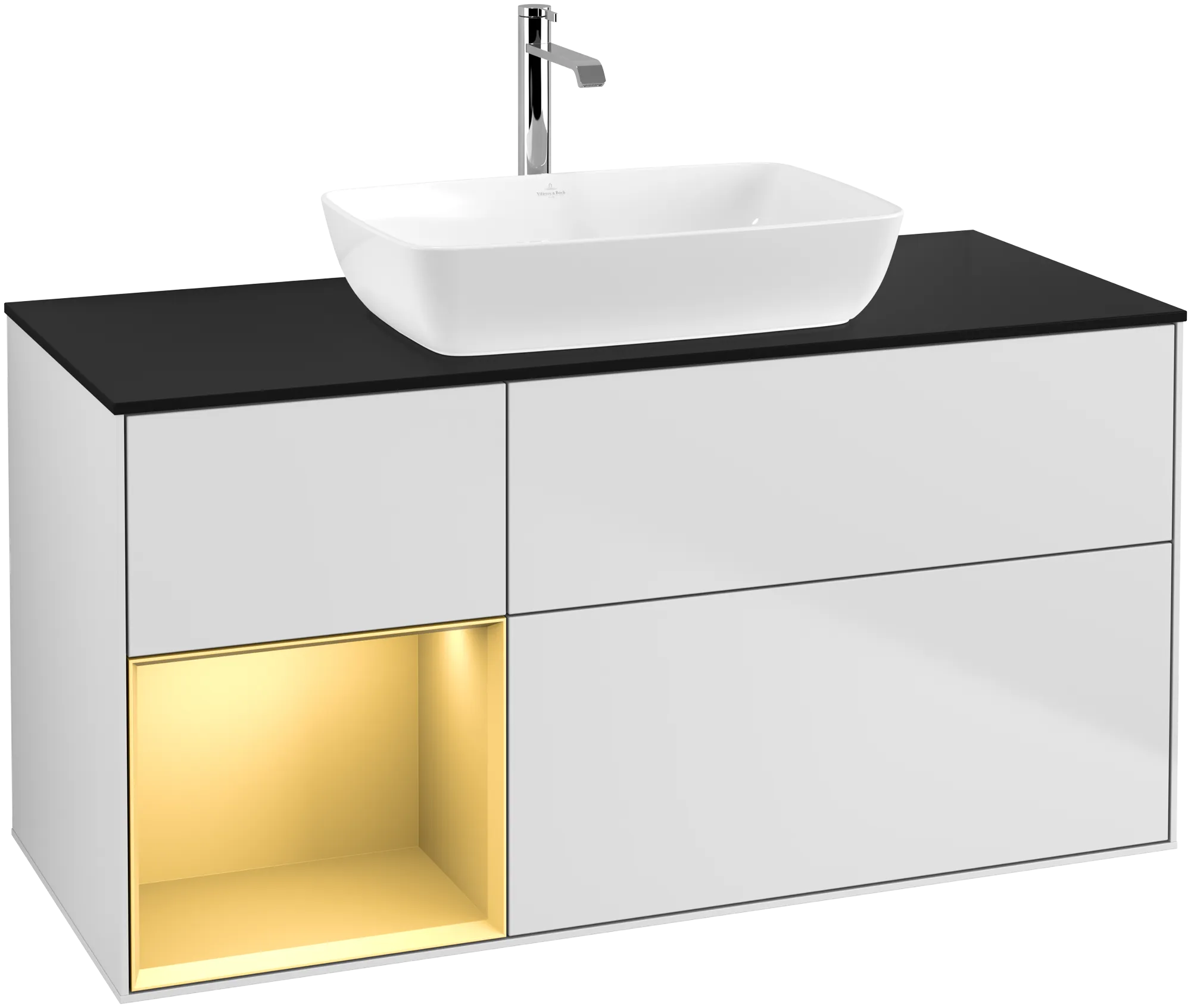 Villeroy & Boch Waschbeckenunterschrank Finion F82, 1200x603x501mm, White Matt Lacquer / Gold Matt Lacquer / Glass Black Matt