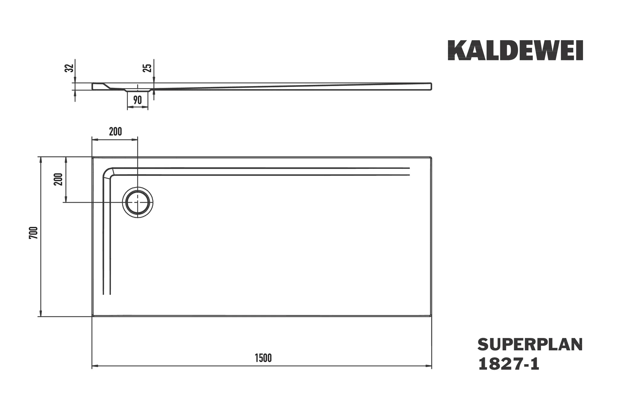 Kaldewei SUPERPLAN Duschfläche, alpinweiß, 700 x 1.500 mm, 25 mm tief, Eckablauf, bodeneben