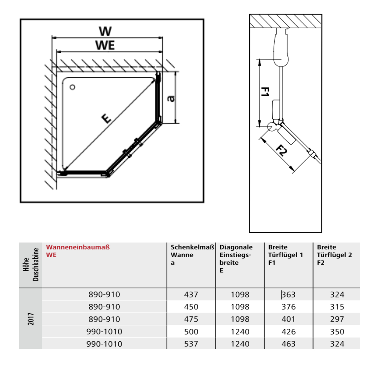 Kermi Duschabtrennung für Fünfeck-Duschwannen mit Pendel-Falttür „Diga“ Glas Klar, Drehtür zweiteilig BV: 880 - 900 mm WE: 890 - 910 mm H: 1850 mm