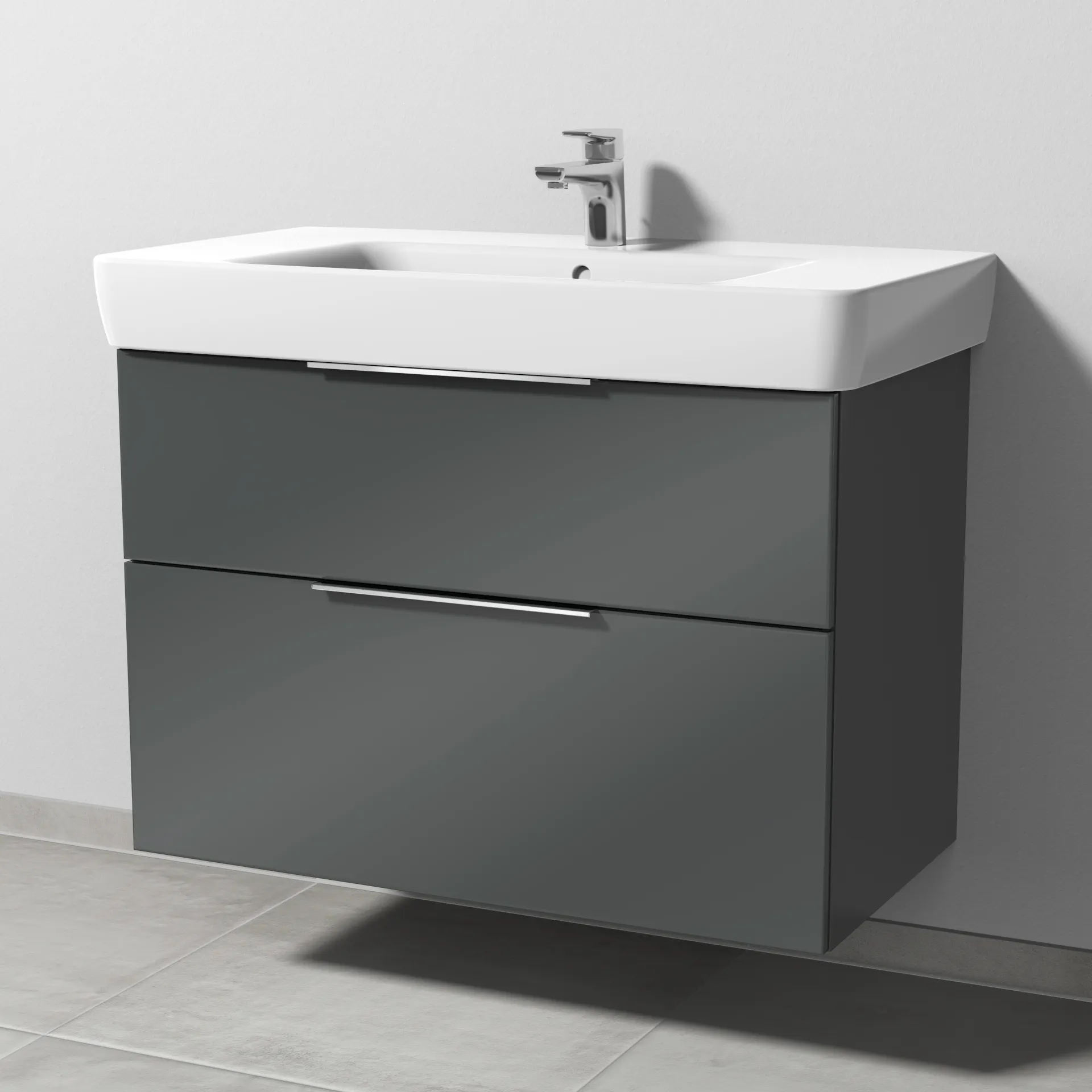 Sanipa Waschtischunterschrank „3way“ passend zu Keramik-Waschtische Renova Plan von Geberit 840 × 588 × 407 mm in Anthrazit (glanz), Becken mittig