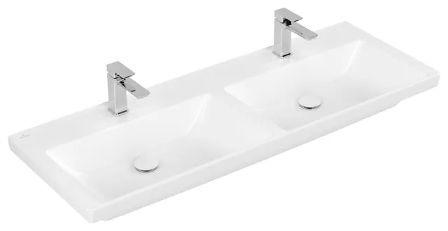 Villeroy & Boch Doppelwaschtisch aus TitanCeram „Subway 3.0“ 1300 × 475 × 165 mm, mit Hahnlochbohrung, Hahnlochposition links und rechts in Stone White Villeroy & Boch Doppelwaschtisch aus TitanCeram „Subway 3.0“ 1300 × 475 × 165 mm, mit Hahnlochbohrung, Hahnlochposition links und rechts in Stone White
