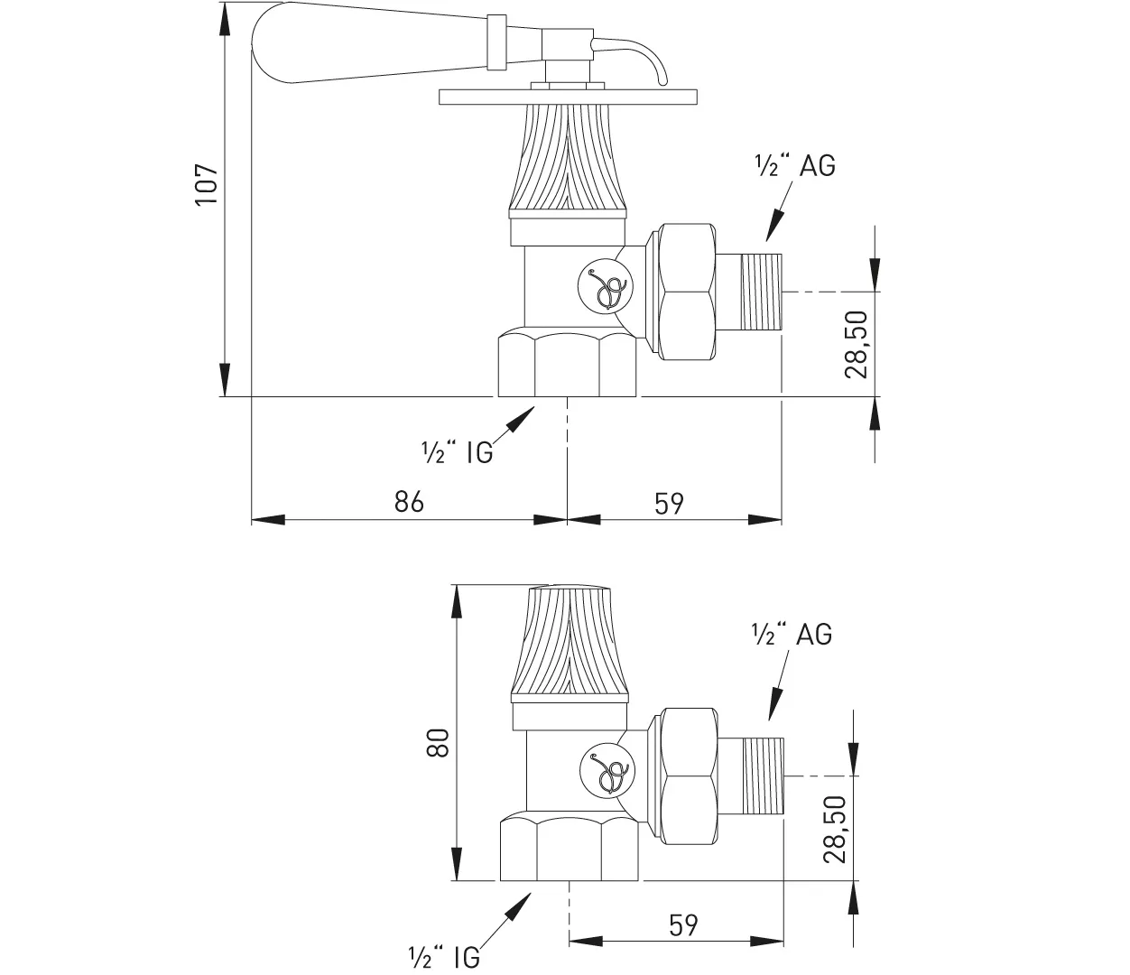 ASW HG-TEC Zubehör Heizung Retroventil mit Hebelkopf ½" Set