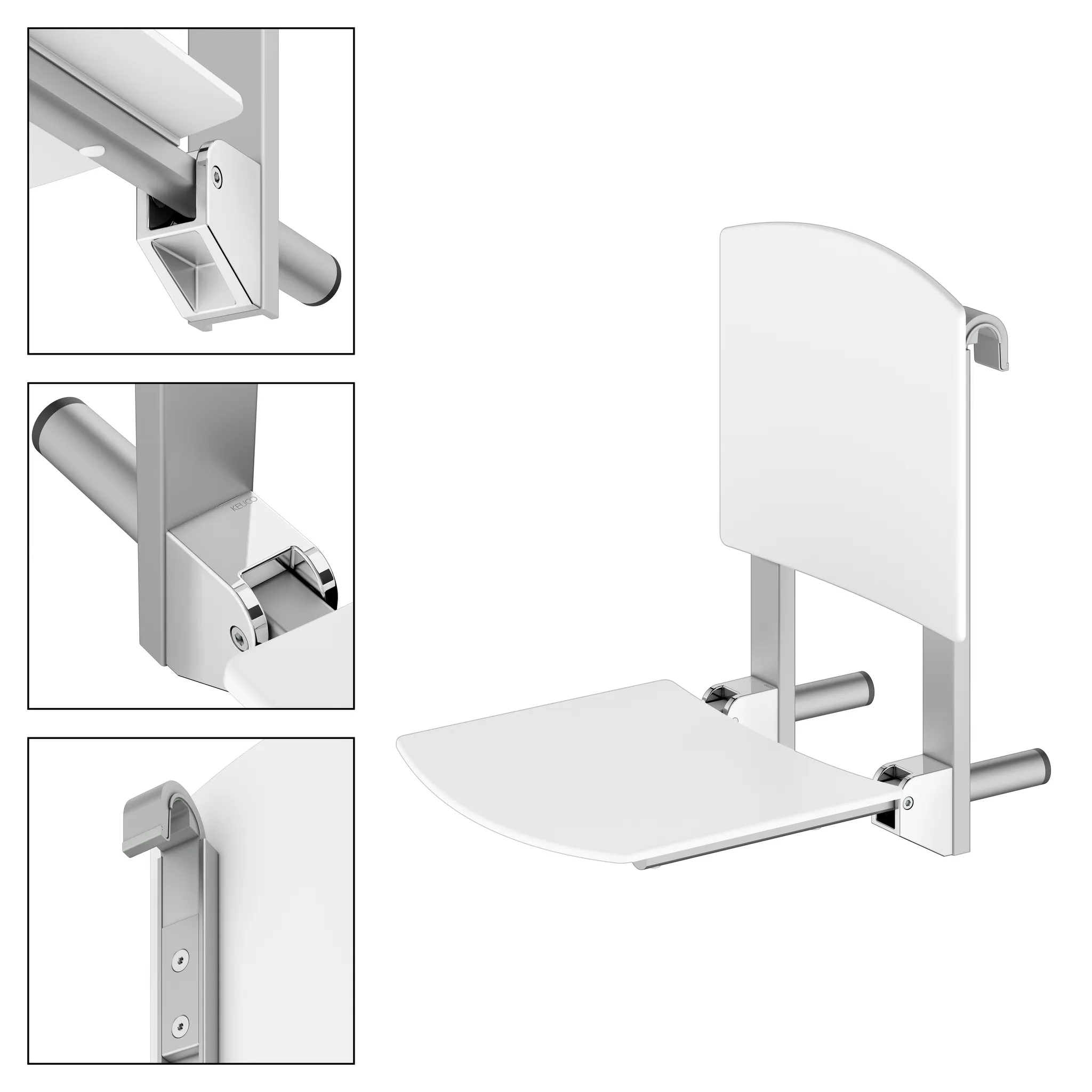 Klappsitz zum Einhängen „Care“ in Silber (eloxiert) Klappsitz zum Einhängen „Care“ in Silber (eloxiert)