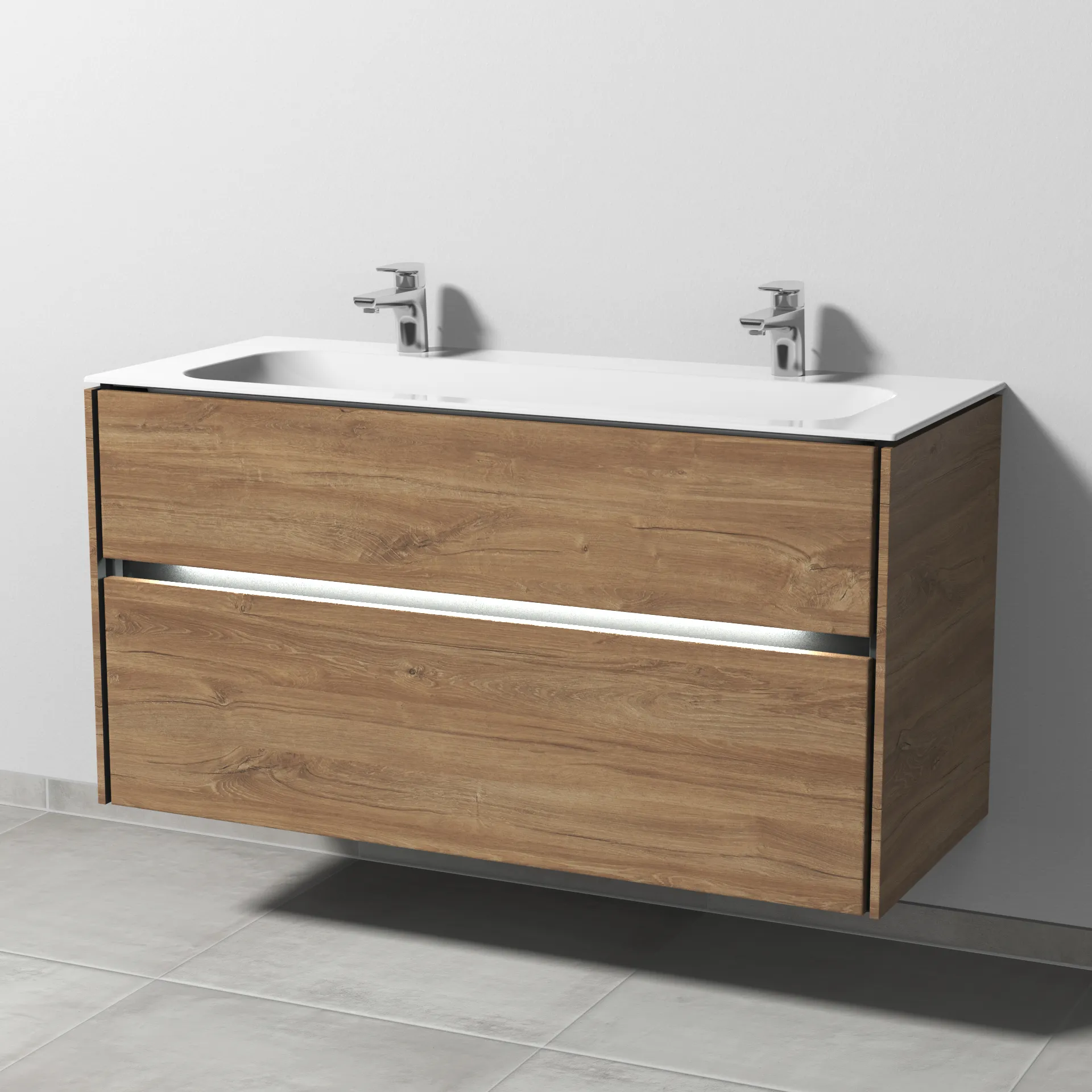 Keramik-Waschtisch-Set mit Waschtischunterschrank „Twiga“ 119 × 50 × 61 cm in Eiche Kansas, mit Hahnlochbohrung, mit Beleuchtung Keramik-Waschtisch-Set mit Waschtischunterschrank „Twiga“ 119 × 50 × 61 cm in Eiche Kansas, mit Hahnlochbohrung, mit Beleuchtung