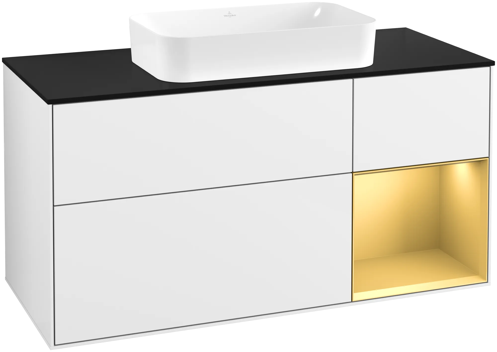 Villeroy & Boch Finion Waschbeckenunterschrank G71 1200x603x501mm Glossy White Lacquer / Gold Matt Lacquer / Glass Black Matt