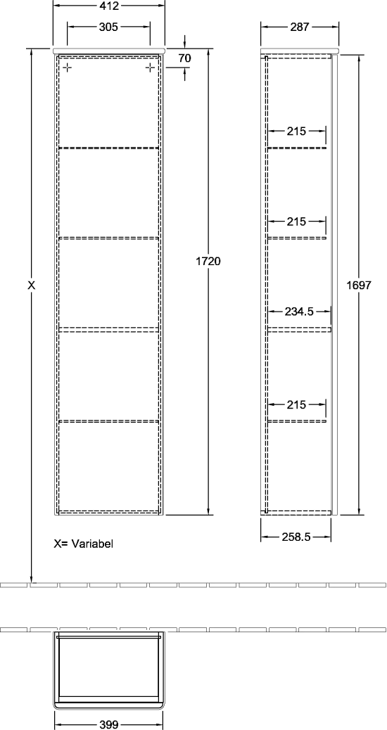 Villeroy & Boch Antao Hochschrank K46, 414x1719x287mm, Eckig, Wandhängend, Rechtsanschlag Villeroy & Boch Antao Hochschrank K46, 414x1719x287mm, Eckig, Wandhängend, Rechtsanschlag