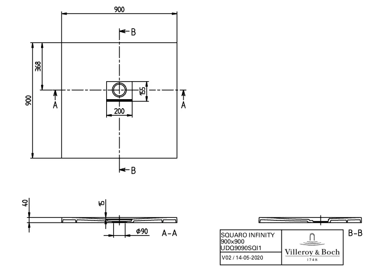 Villeroy & Boch quadrat Duschwanne „Squaro Infinity“ 90 × 90 cm