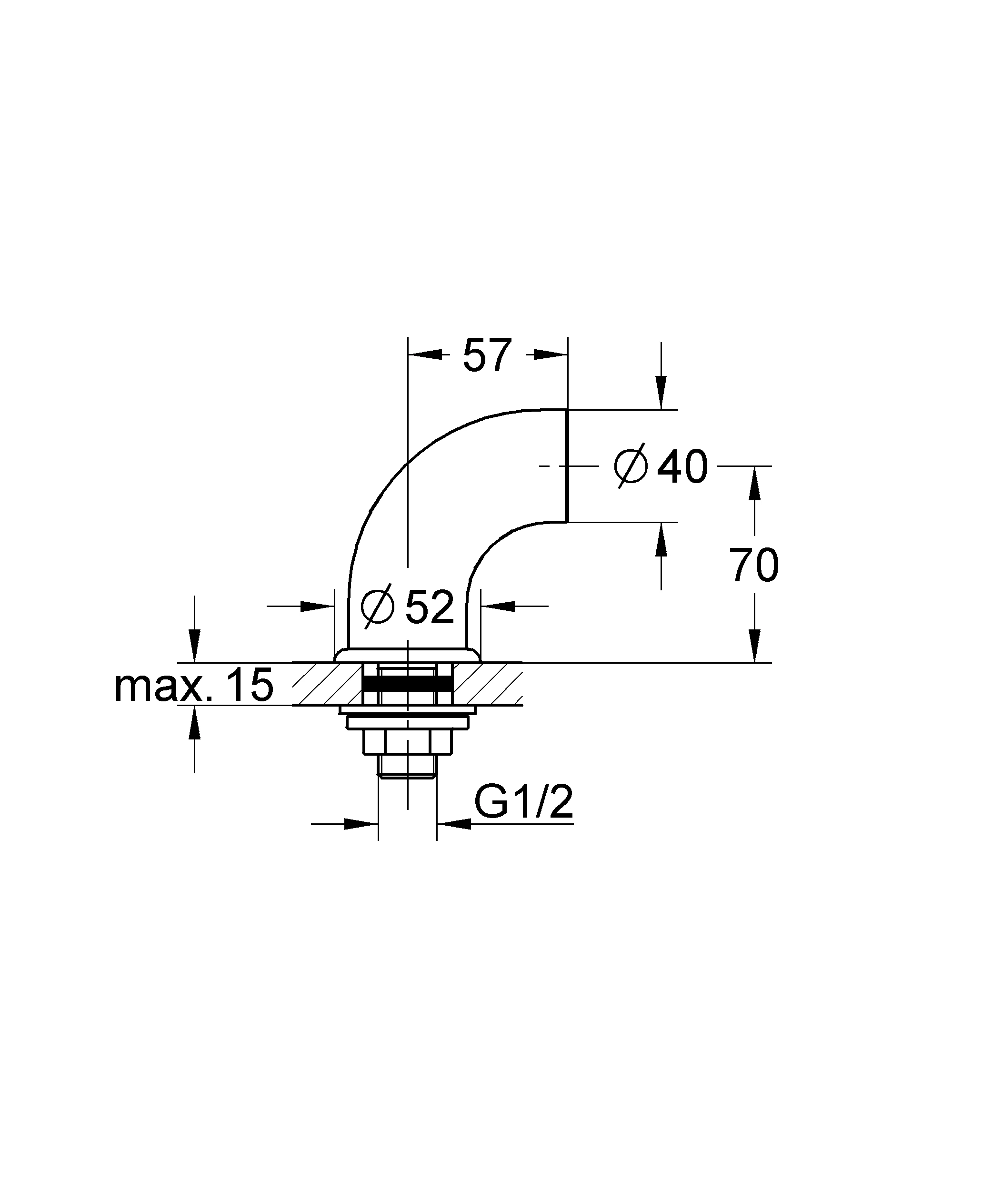 Standanschluss 12060, 1/2'', Steckanschluss, Anschlussgewinde 1/2'', Gegenverschraubung 1/2'', Ausladung 57 mm, 70 mm hoch, ohne Einstecknippel, chrom
