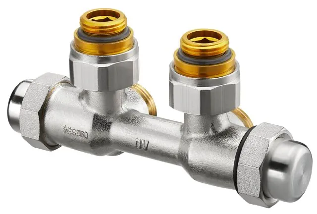 Hahnblock Q-Tech DN15x50mm, Eck, Vorlauf rechts, vernickelt Hahnblock Q-Tech DN15x50mm, Eck, Vorlauf rechts, vernickelt