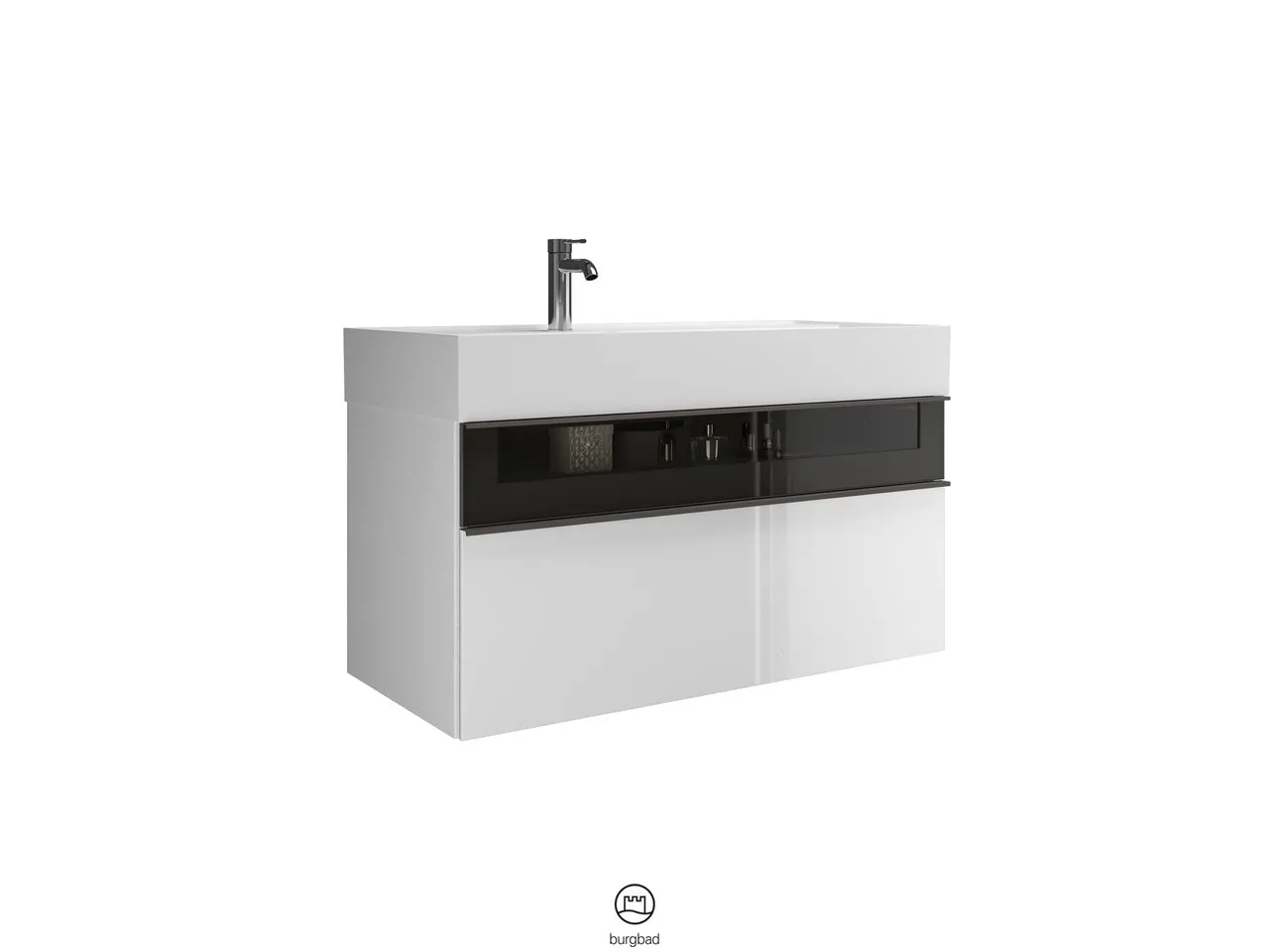 Mi-Waschtisch inkl. WTU Yumo von burgbad – Mineralguss, 470x1015x610 mm, 1 Schublade, 1 Auszug, Rauchglaseinsatz