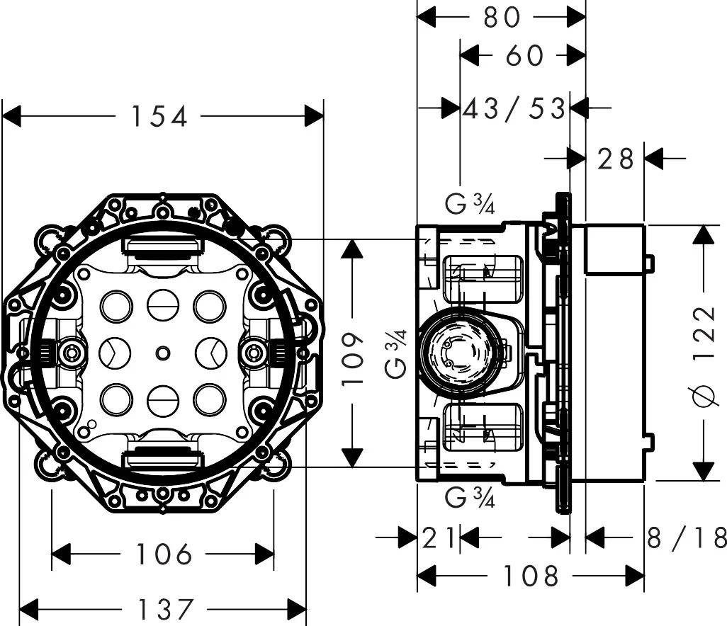 Hansgrohe AXOR iBox universal Grundkörper mit Vorabsperrung - Unterputz für Brausen-, Wannen- und Thermostat-Fertigsets, Anschlussgewinde Rp 3/4, Anschlussgröße DN20, schallentkoppelt, Einbautiefe 80–108 mm