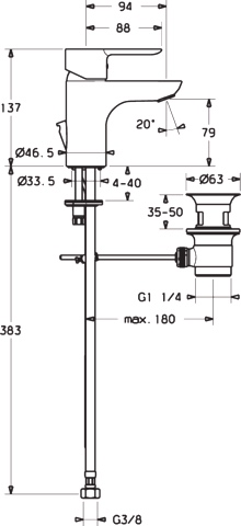 HA Einhebelmischer Waschtischbatterie HANSALIGNA XS 0607 Zugstangenablaufgarnitur Ausladung 94 mm DN15 Chrom