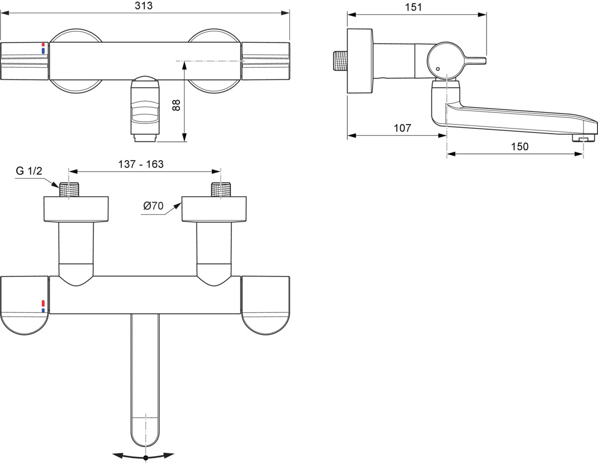 Ideal Standard Ceraplus Safe Wand-Waschtischthermostat, Chrom, Ausladung 257 mm, thermische Desinfektion, absperrbare S-Anschlüsse