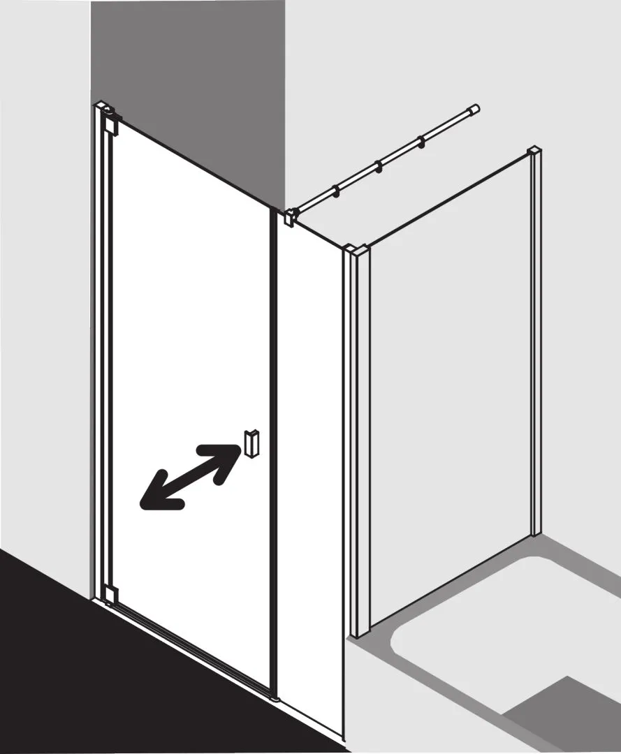 Kermi Pendeltür 1-flügelig und Festfeld rechts für Nische und Ecke „RAYA“ Glas Klar, Profile Silber Mattglanz, BV: 968 - 1008 mm GAK: 955 - 985 mm WE: 968 - 1008 mm H: 1850 mm