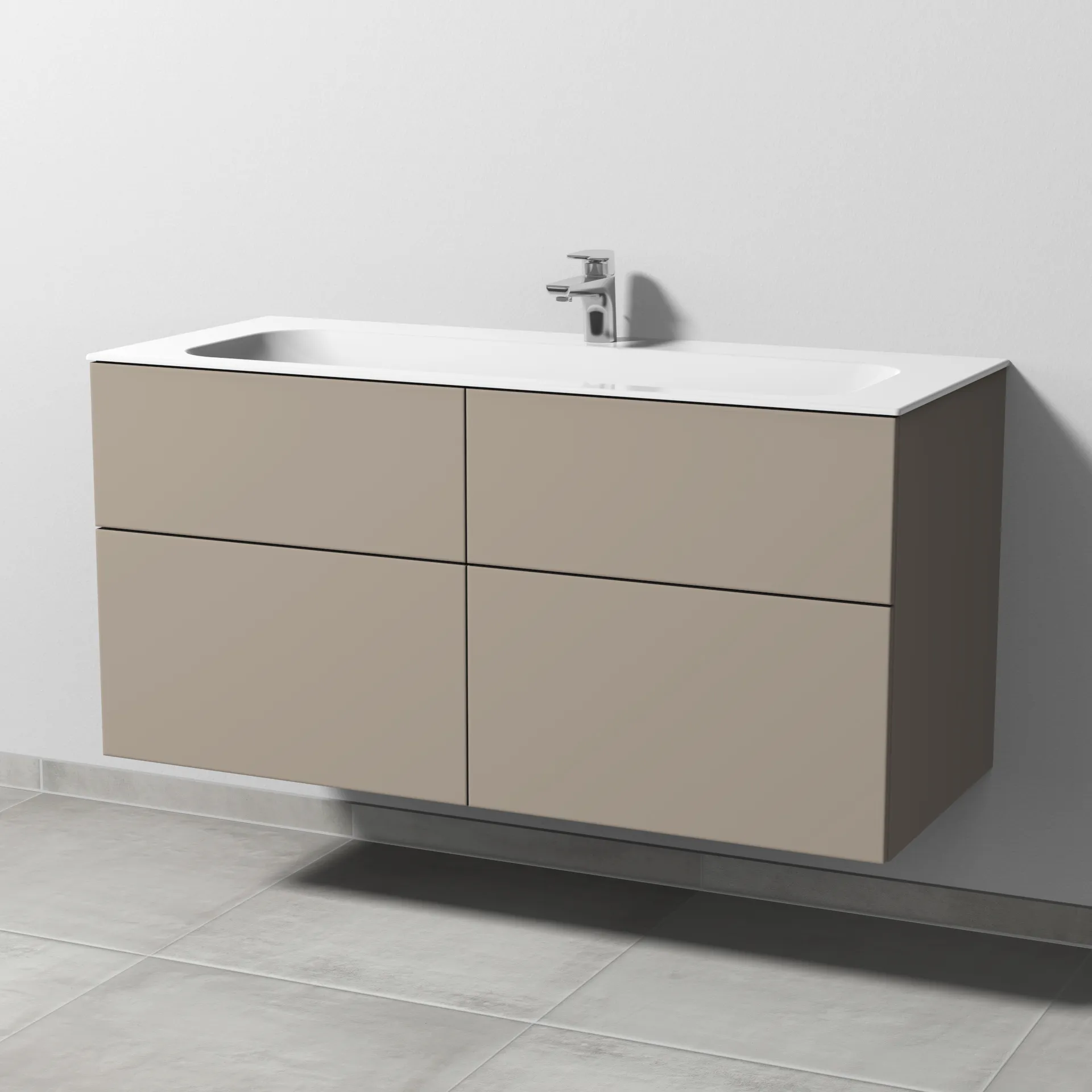Keramik-Waschtisch-Set mit Waschtischunterschrank „3way“ 119 × 49,7 × 58,2 cm in Sandgrau (matt), mit Hahnlochbohrung, Becken mittig Keramik-Waschtisch-Set mit Waschtischunterschrank „3way“ 119 × 49,7 × 58,2 cm in Sandgrau (matt), mit Hahnlochbohrung, Becken mittig