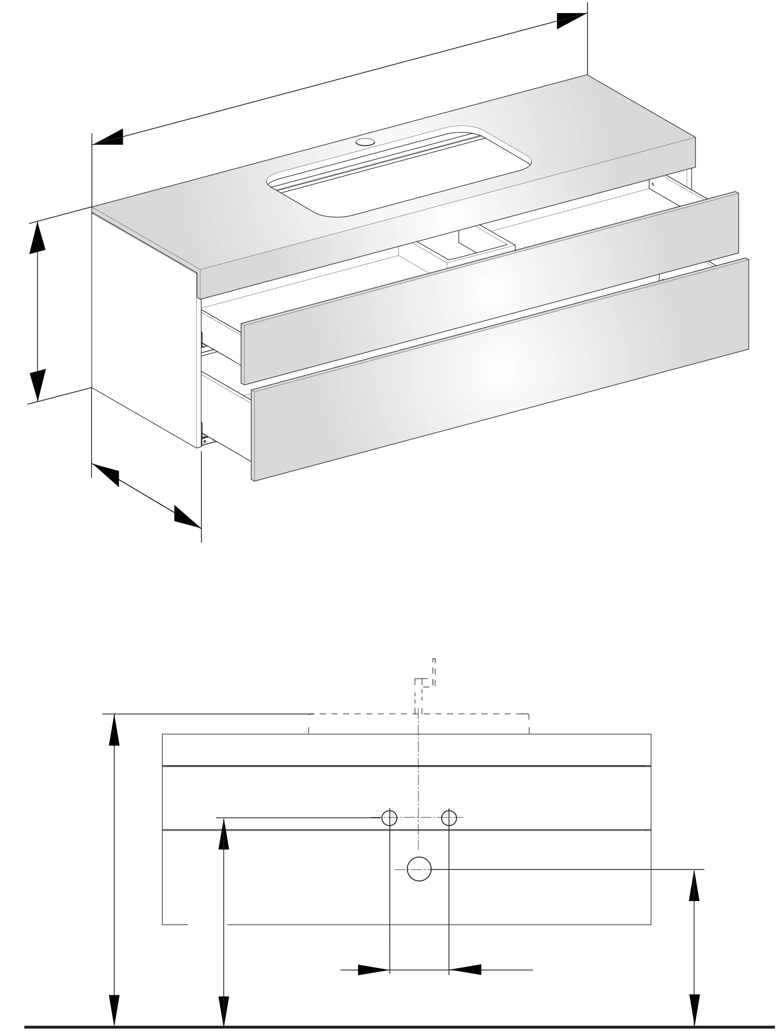 Edition 400 Waschtischunterbau m. Hahnlochbohrung, 2 Auszüge 1400 x 546 x 535 mm trüffel/Glas trüffel satiniert Waschtischunterbau Edition 400 31573, Hahnloch, trüffel/Glas trüffel sat.