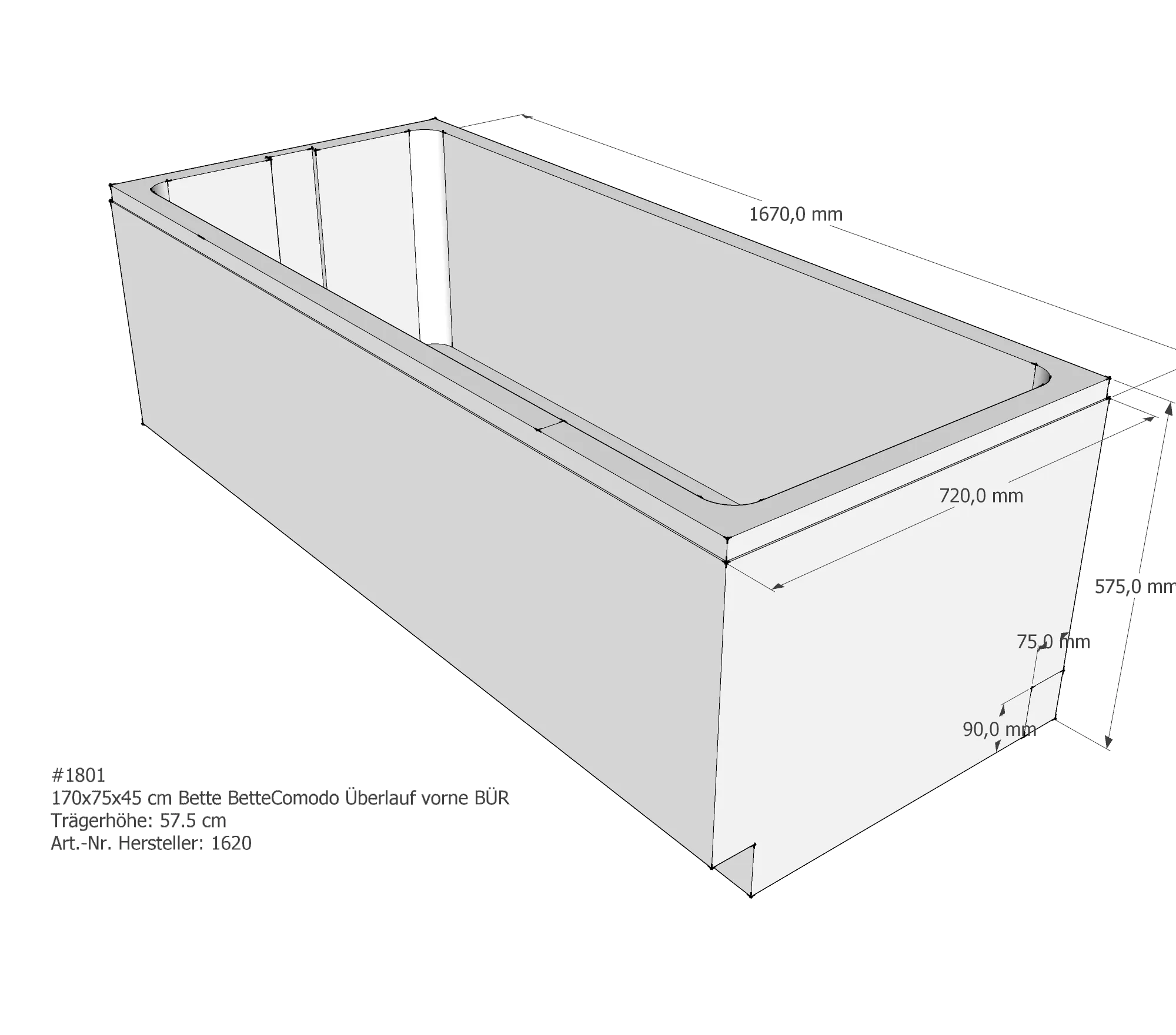 Badewannenträger für Bette Comodo 170 × 75 × 45 cm Breite: 75 cm / Länge: 170 cm