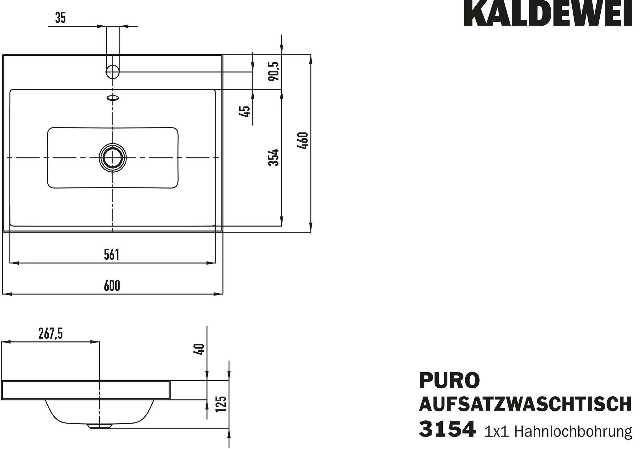 Kaldewei PURO Aufsatzwaschtisch, 600x460 mm, Randhöhe 40 mm, cool grey 70, Perl-Effekt, Antidröhn mit 1er Hahnlochbohrung, mit Überlauf, Sichtteile alpinweiß