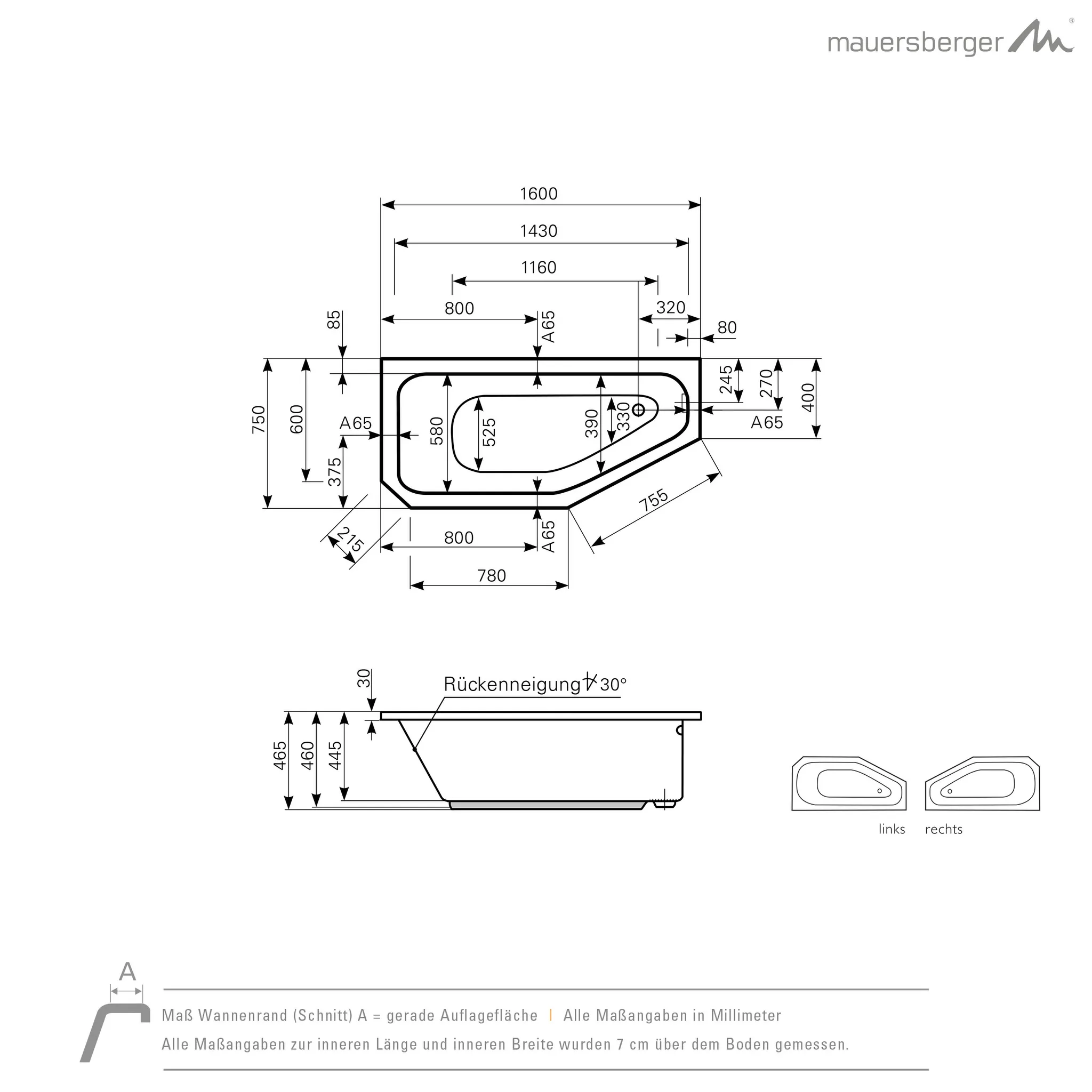 Mauersberger Acryl-Badewanne bursea 160/75 rechts Mauersberger Acryl-Badewanne bursea 160/75 rechts