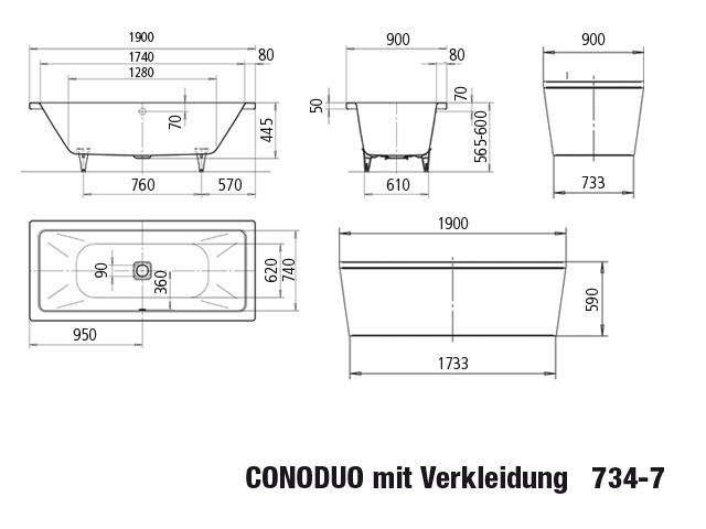 CONODUO Badewanne, Mod 734 1900x900mm alpinweiß, CONODUO Badewanne, Mod 734 1900x900mm alpinweiß,