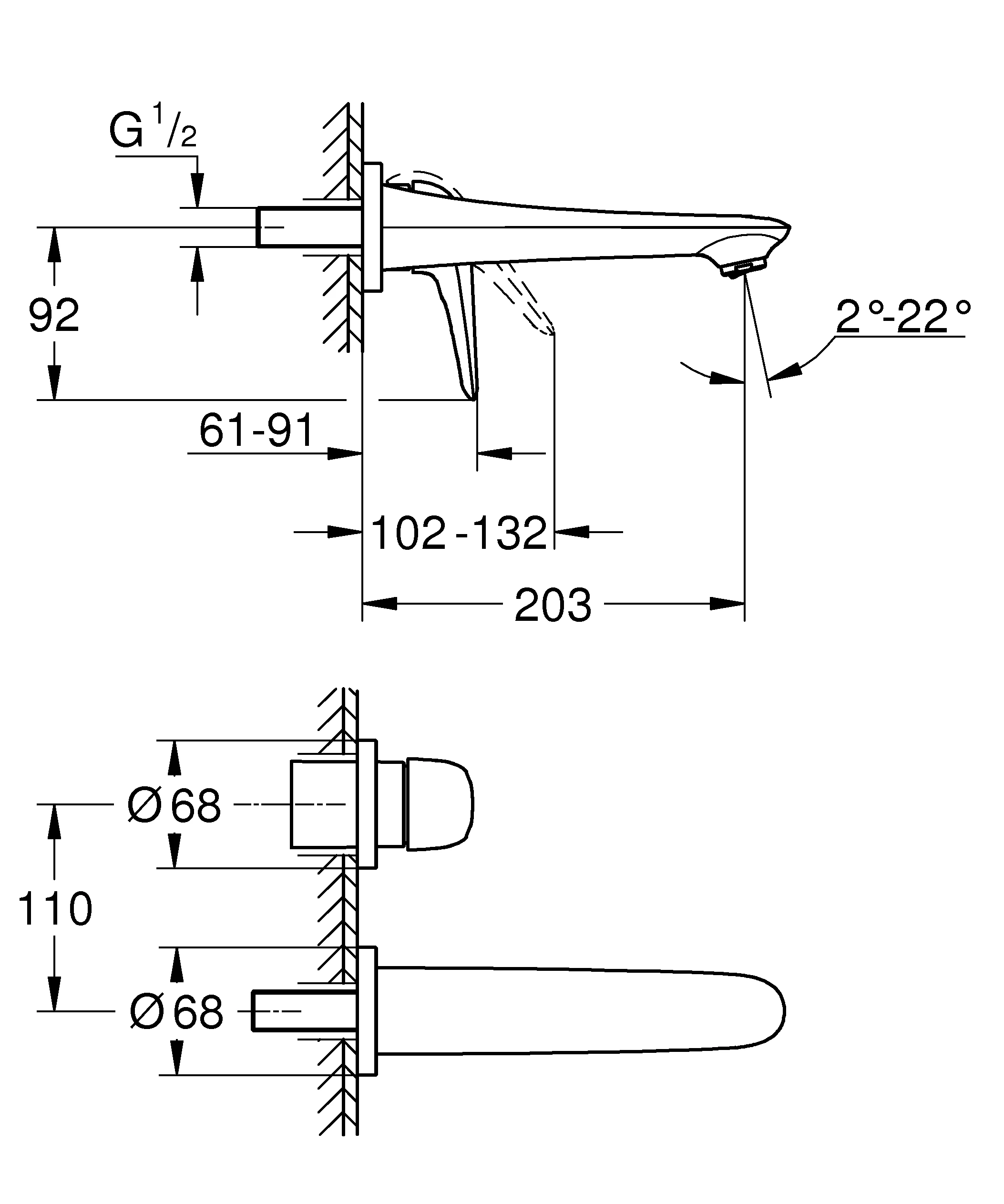 2-Loch-Waschtischbatterie Eurostyle 29097_3, Wandmontage, Fertigmontageset für 23 571, Ausladung 203 mm, geschlossener Metall-Hebelgriff, chrom