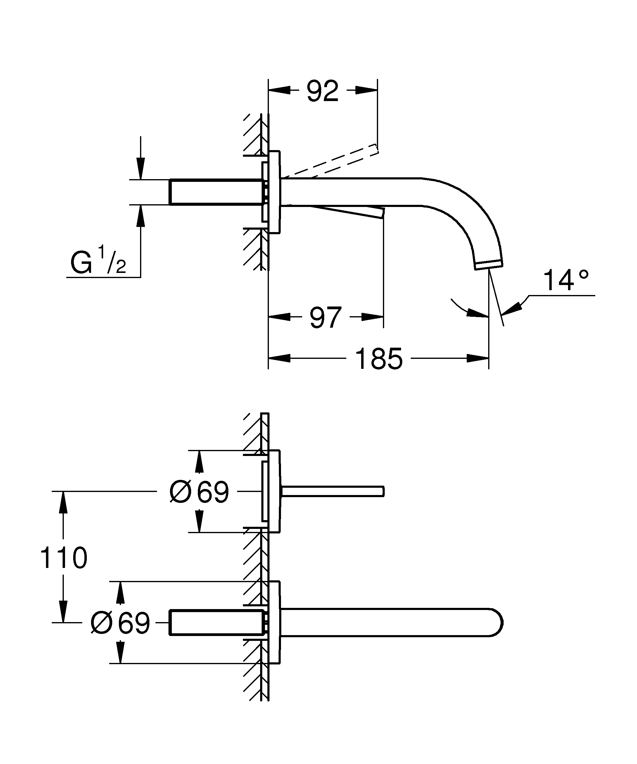 2-Loch-Waschtischbatterie Atrio 29410, Wandmontage, Fertigmontageset für 23 429, Ausladung 185 mm, chrom