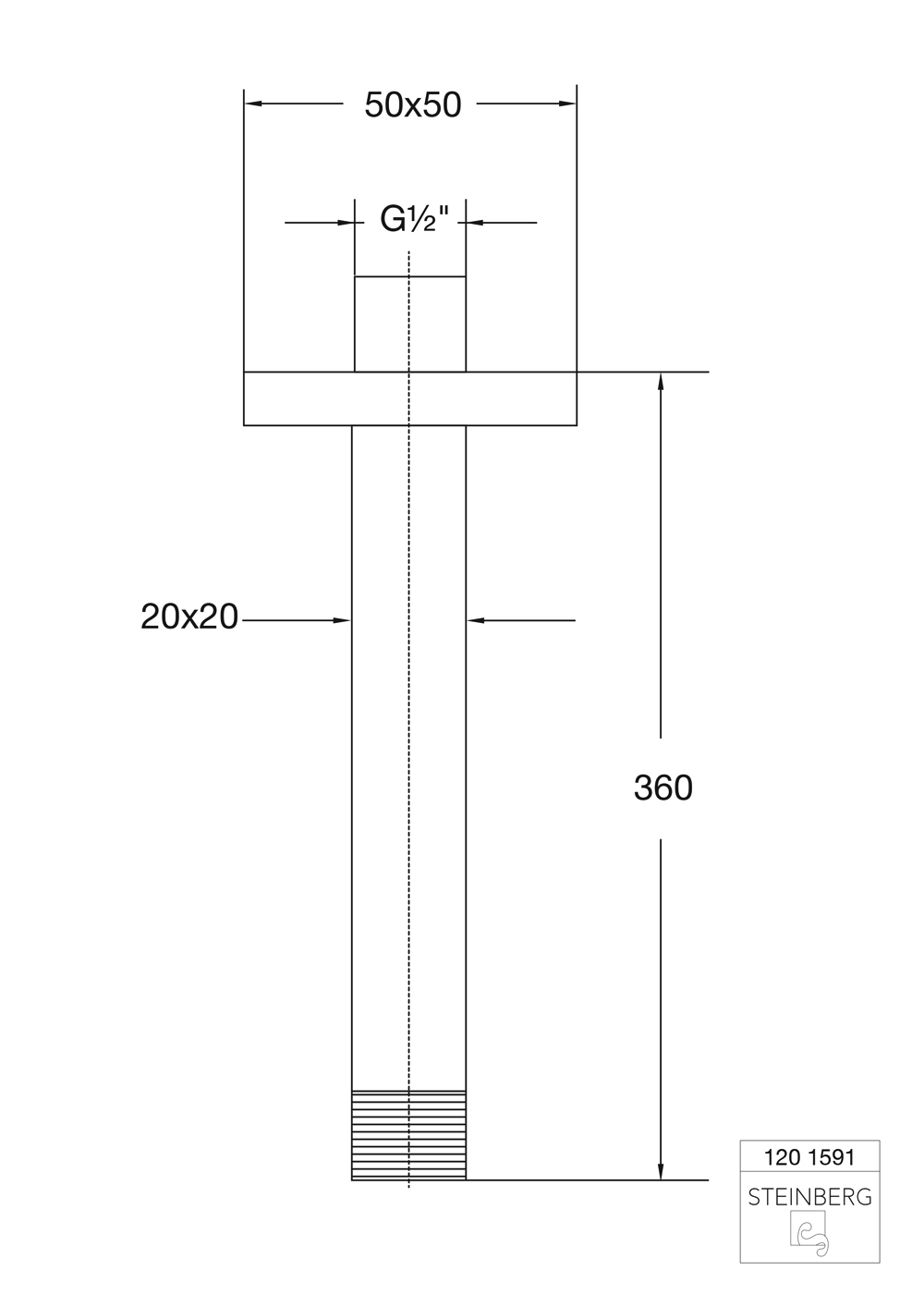 Serie 120 Brausearm 1/2 eckig, Deckenmontage 36 cm Serie 120 Brausearm 1/2 eckig, Deckenmontage 36 cm