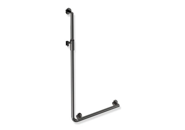 Winkelgriff mit Brausehalter, Edelstahl, PVD, waagerechte Länge 600 mm, senkrechte Länge 1250 mm, D: 32 mm, Ausführung rechts, mit magnetischem Brausehalter, in Farbe CK (messing glänzend)