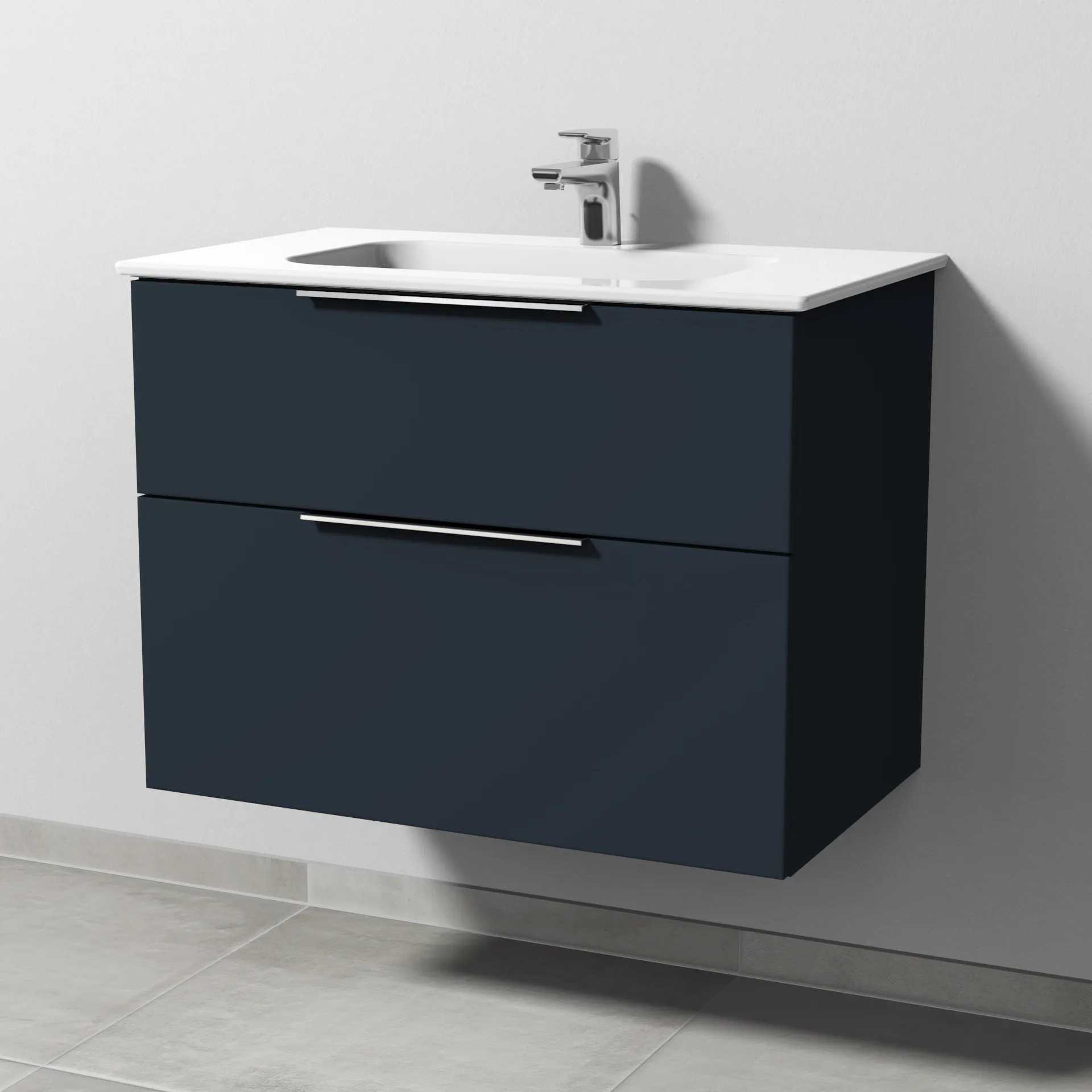 Keramik-Waschtisch-Set mit Waschtischunterschrank „3way“ 77 × 46 × 58,2 cm in Marine (matt), mit Hahnlochbohrung, Becken mittig