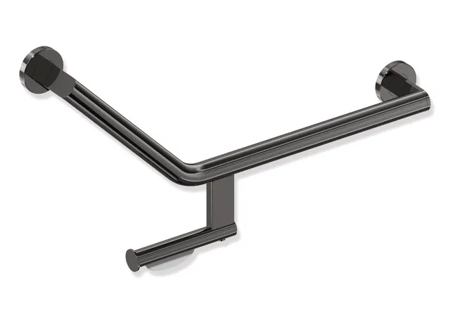 HEWI Winkelgriff mit Papierrollenhalter System 900, Edelstahl, PVD, Achsmaße 620 mm und 283 mm, Winkel 135°, D: 32 mm, Ausführung rechts, HEWI Farbe EC (Schwarzchrom glänzend)