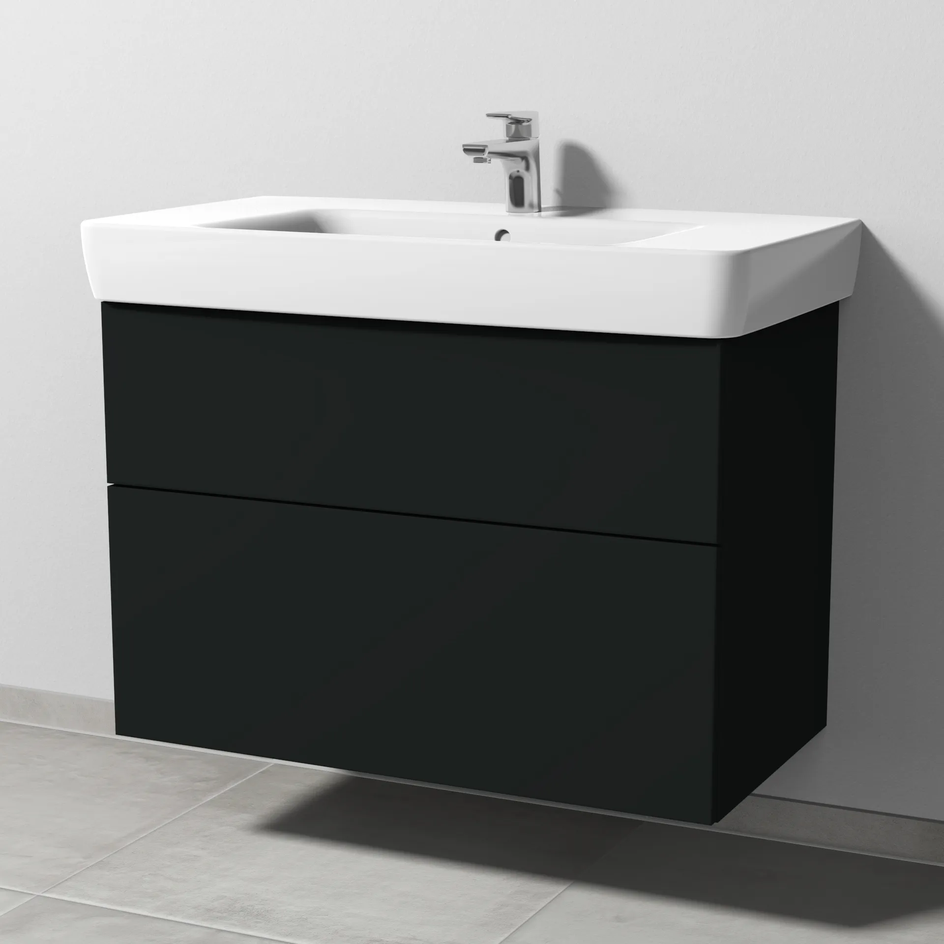 Sanipa Waschtischunterschrank „3way“ passend zu Keramik-Waschtische Renova Plan von Geberit 840 × 588 × 407 mm in Vulkan (matt), Becken mittig