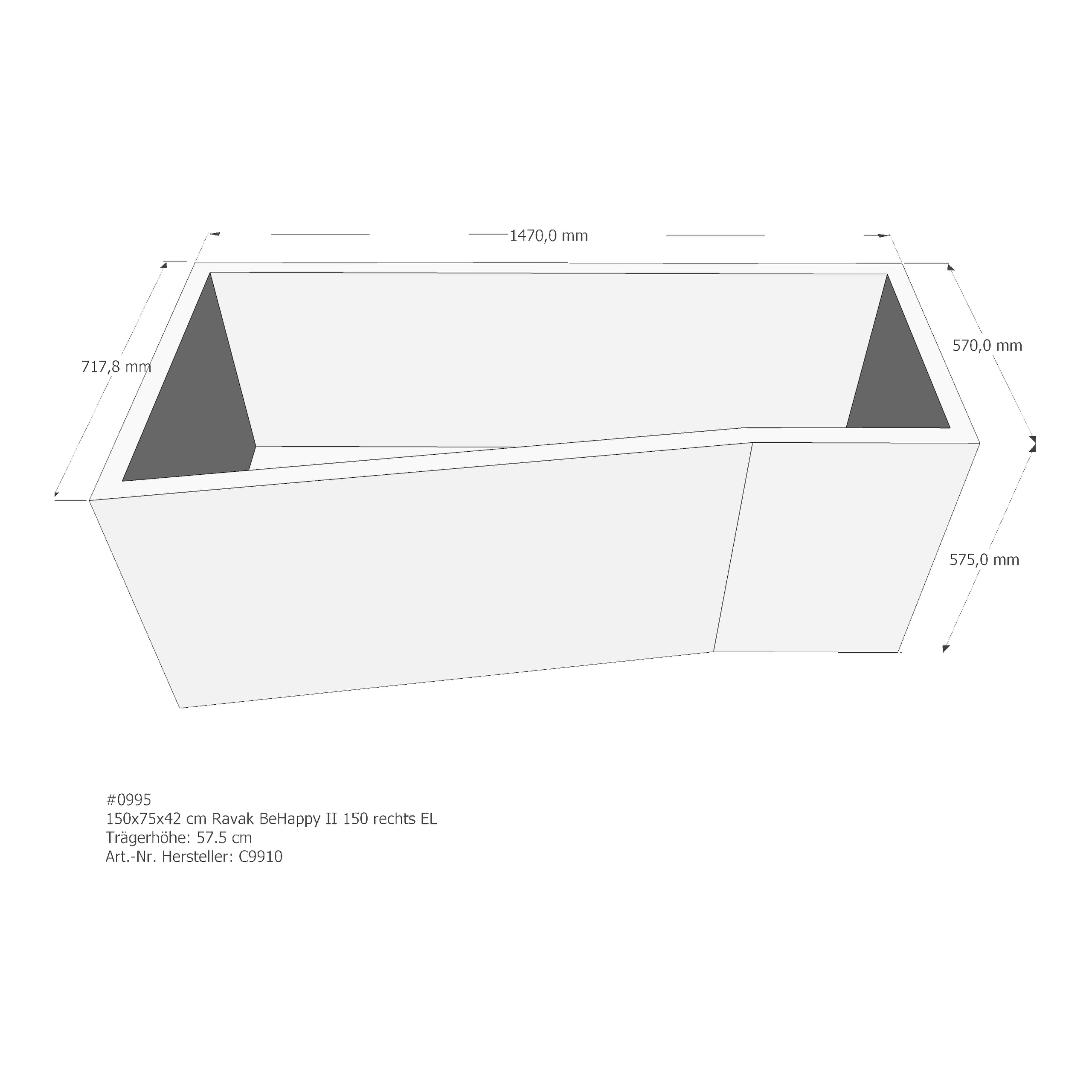 Badewannenträger für Ravak BeHappy II 150 rechts 150 × 75 × 42 cm