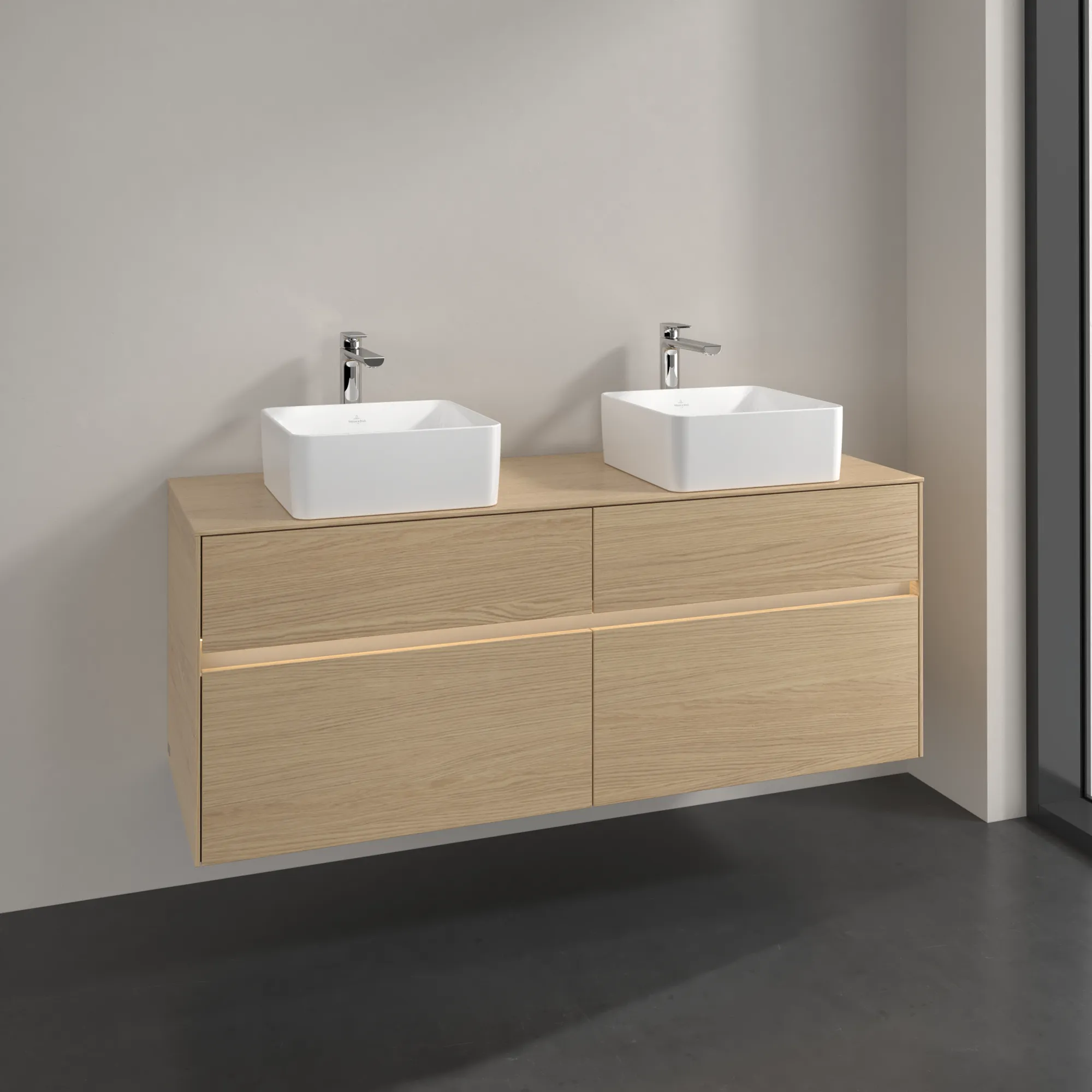 Villeroy & Boch Waschtischunterschrank „Collaro“ 1400 × 548 × 500 mm Nordic Oak, mit Beleuchtung, für links und rechts Villeroy & Boch Waschtischunterschrank „Collaro“ 1400 × 548 × 500 mm Nordic Oak, mit Beleuchtung, für links und rechts
