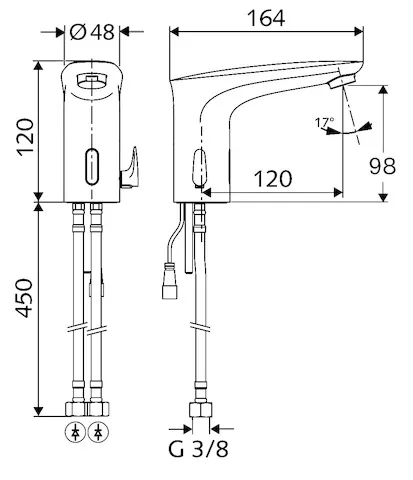 Waschtisch-Armatur MODUS E, Elektronisch, HD-M - Hochdruck Mischwasser, Infrarot, Steckernetzteil 6 VDC, 100 - 240 VAC, 50 - 60 Hz, 2x G 3/8 IG, chrom
