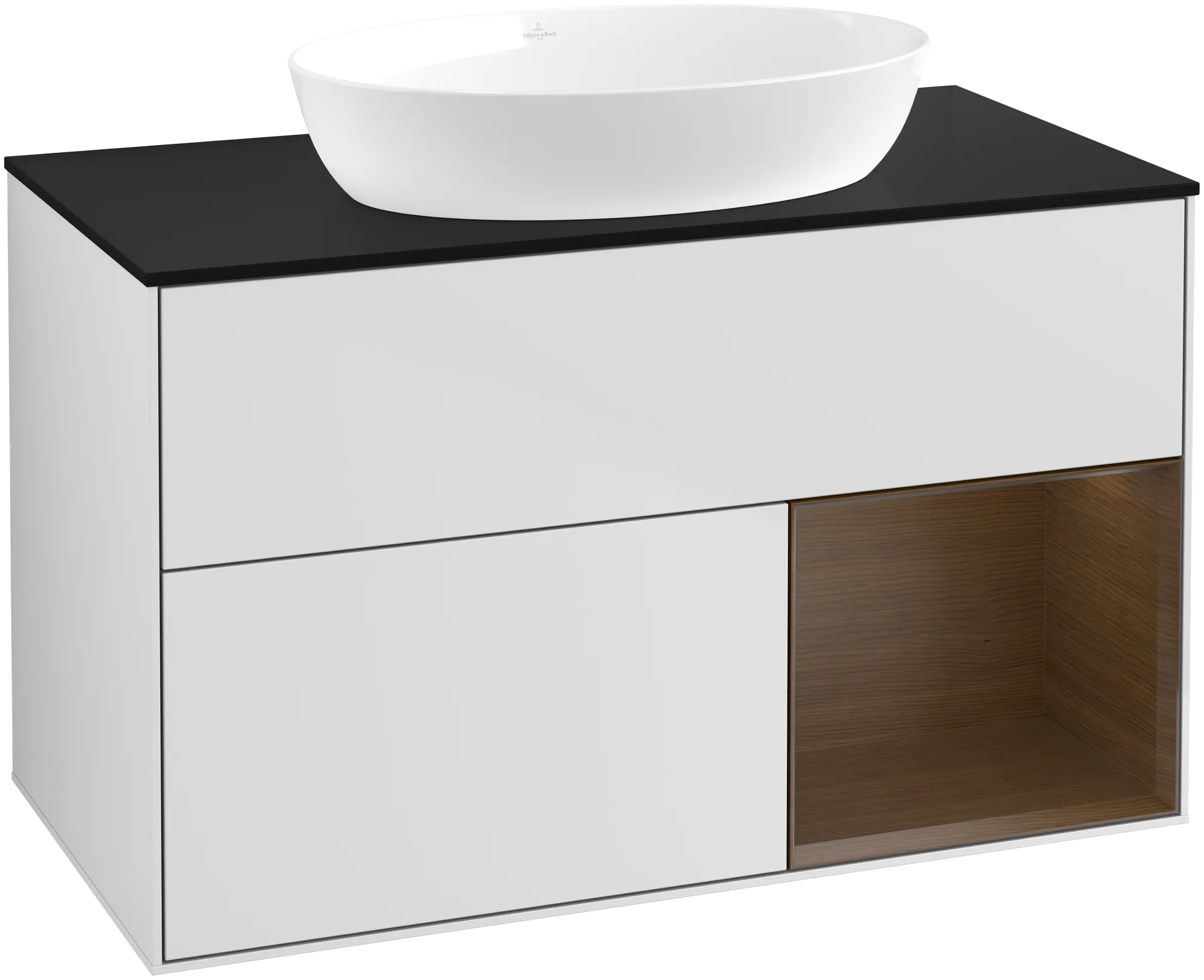 Villeroy & Boch Waschbeckenunterschrank Finion FA2, 1000 x 603 x 501 mm, White Matt Lacquer / Walnut Veneer / Glass Black Matt
