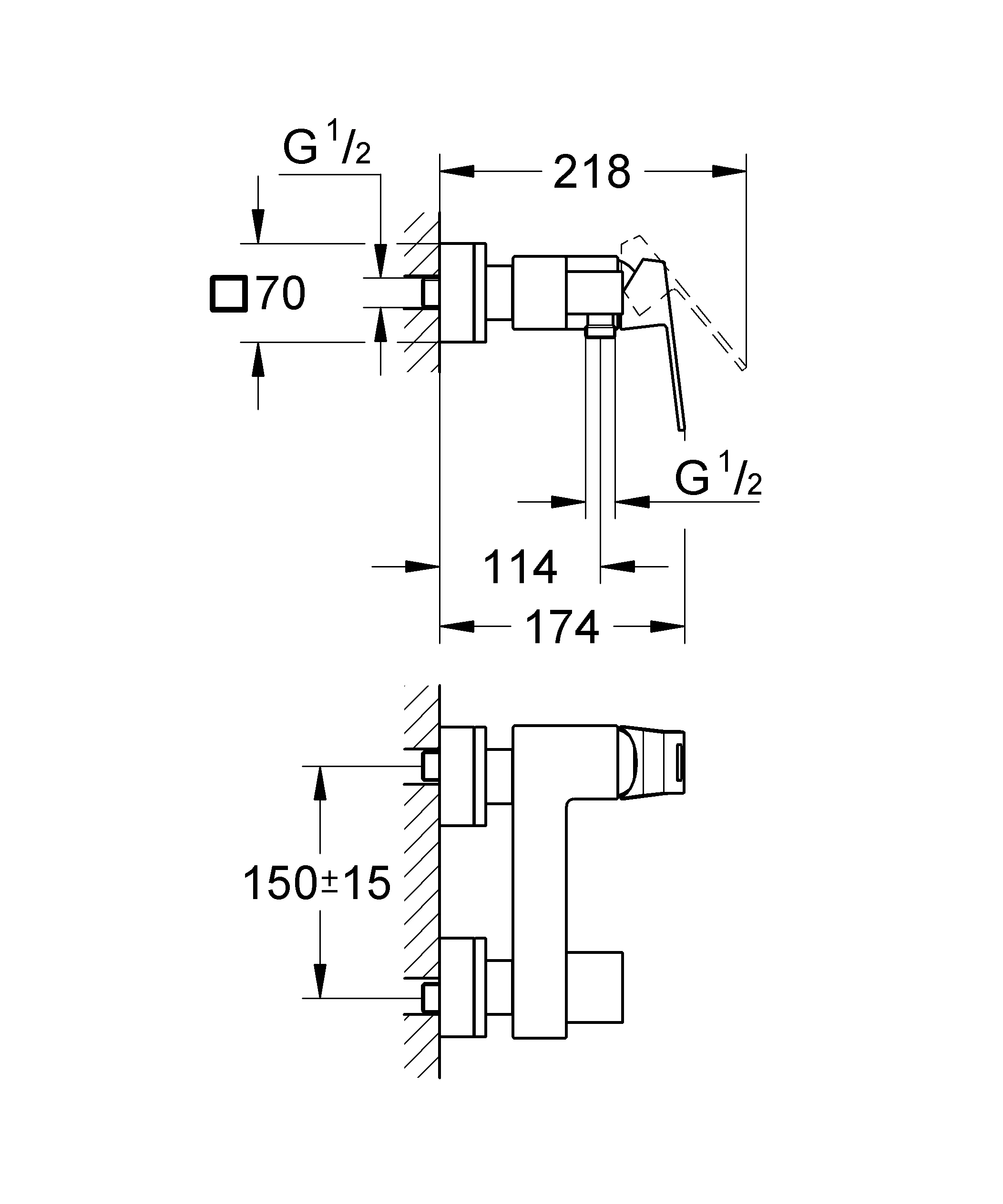 Einhand-Brausebatterie Eurocube 23145, Wandmontage, eigensicher, chrom