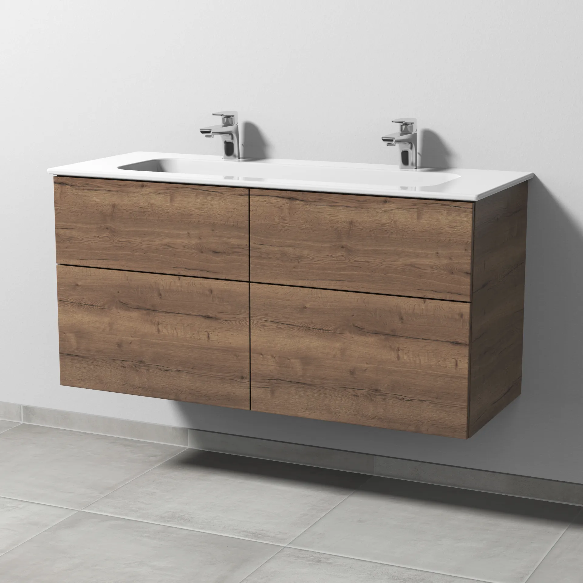 Keramik-Waschtisch-Set mit Waschtischunterschrank „3way“ 117 × 46 × 58,2 cm in Eiche Tabak, mit Hahnlochbohrung, Becken mittig