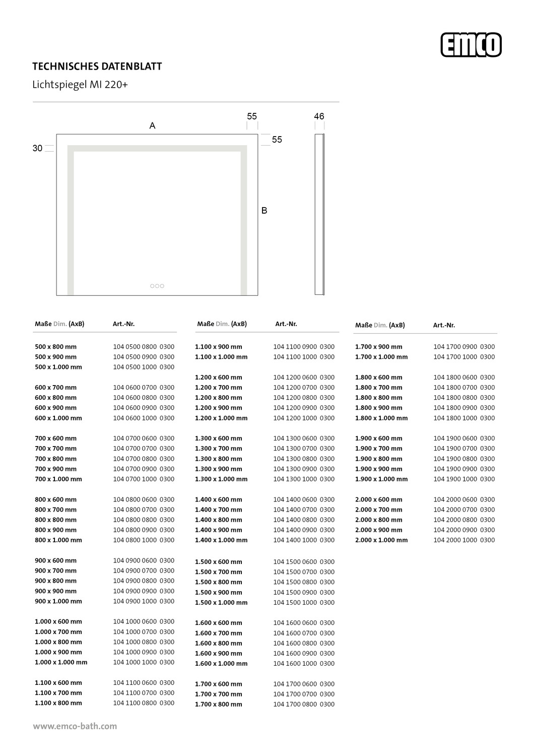 emco Lichtspiegel mit Touch-Bedienfeld „MI 220+“ 70 × 60 cm