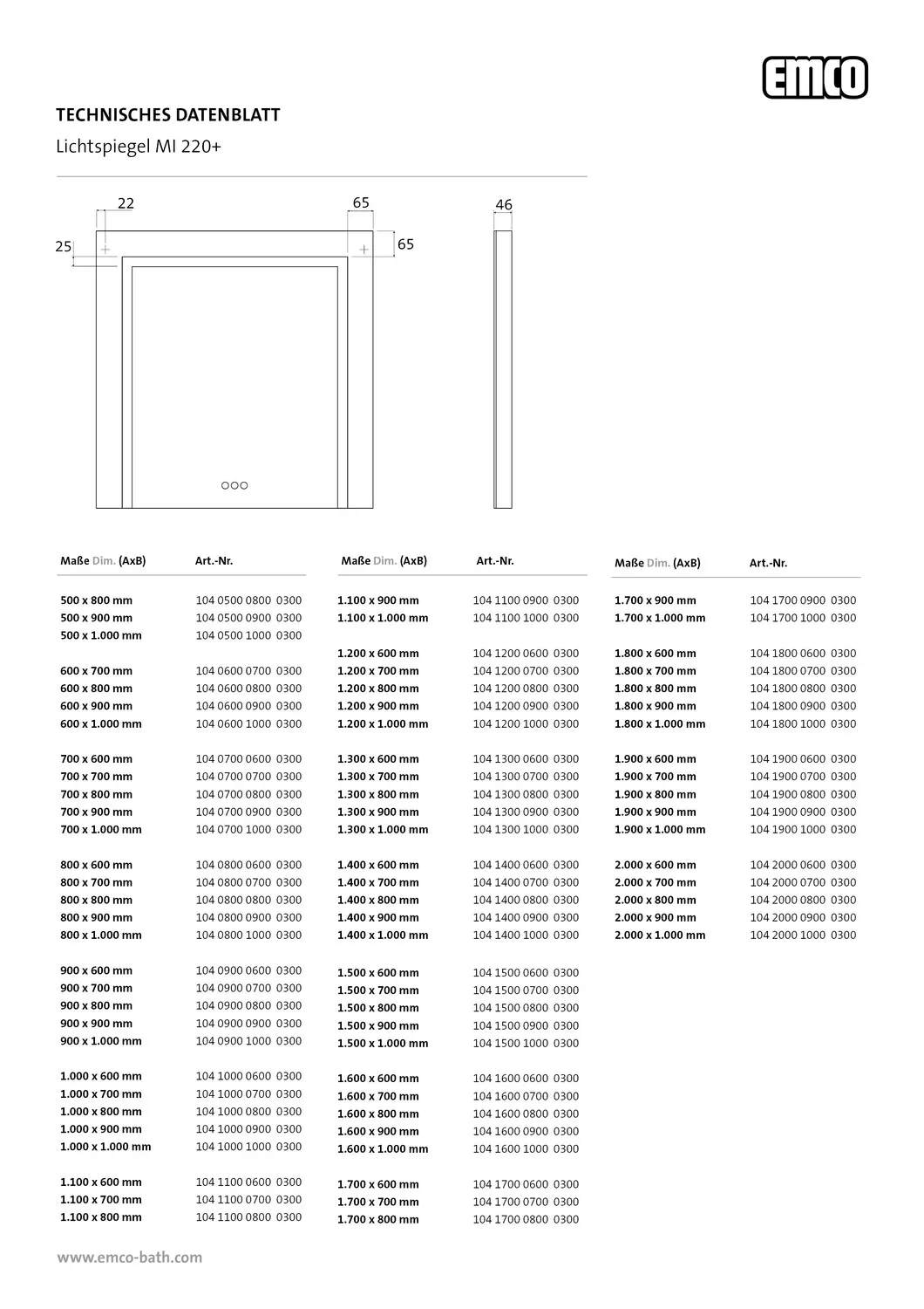 emco Lichtspiegel mit Touch-Bedienfeld „MI 220+“ 120 × 90 cm